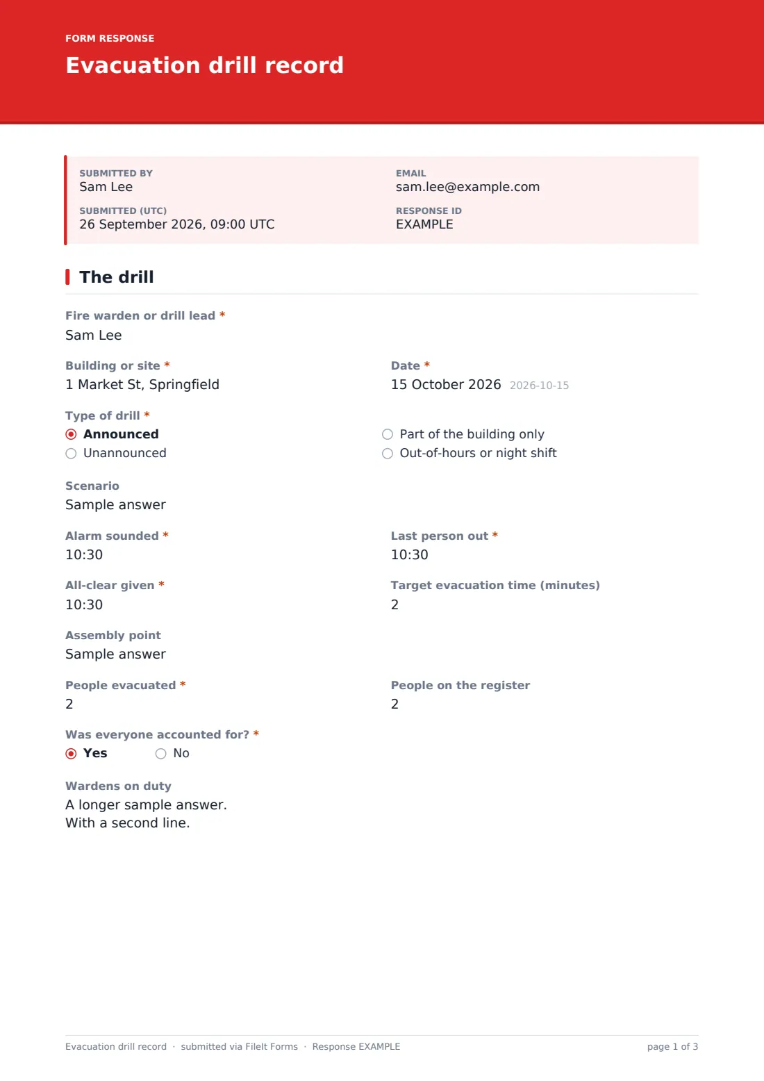 Evacuation drill record — example response PDF, page 1 of 3