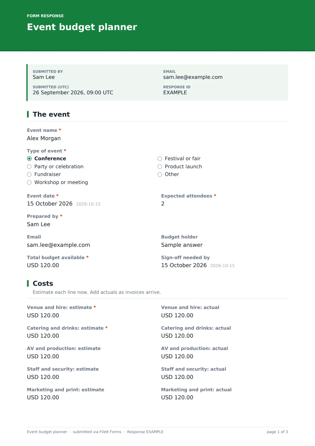 Event budget planner — example response PDF, page 1 of 3