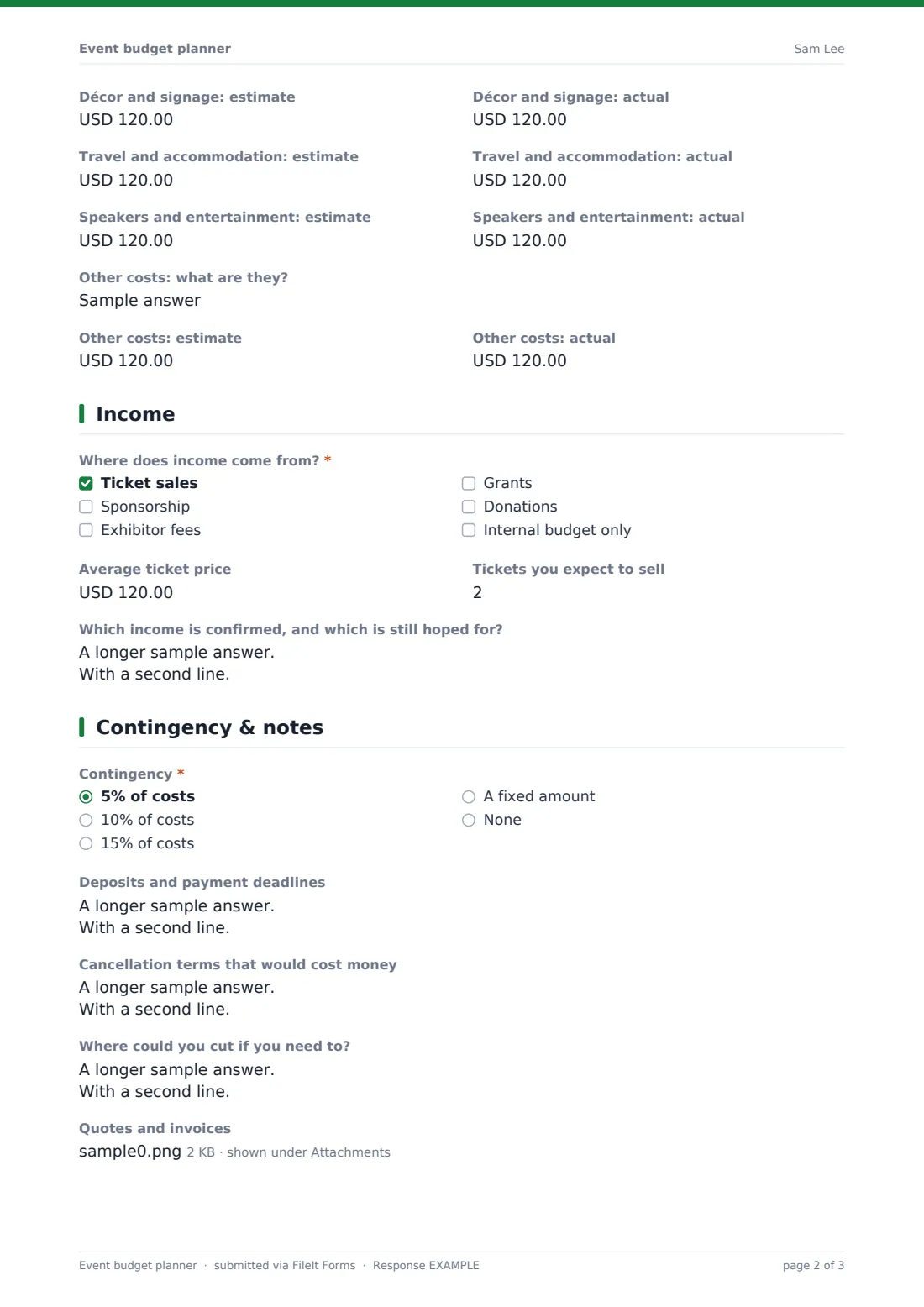 Event budget planner — example response PDF, page 2 of 3