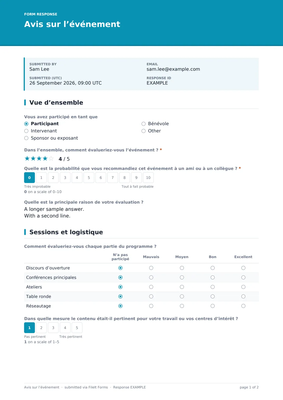 Avis sur l’événement — exemple de réponse au format PDF, page 1 sur 2