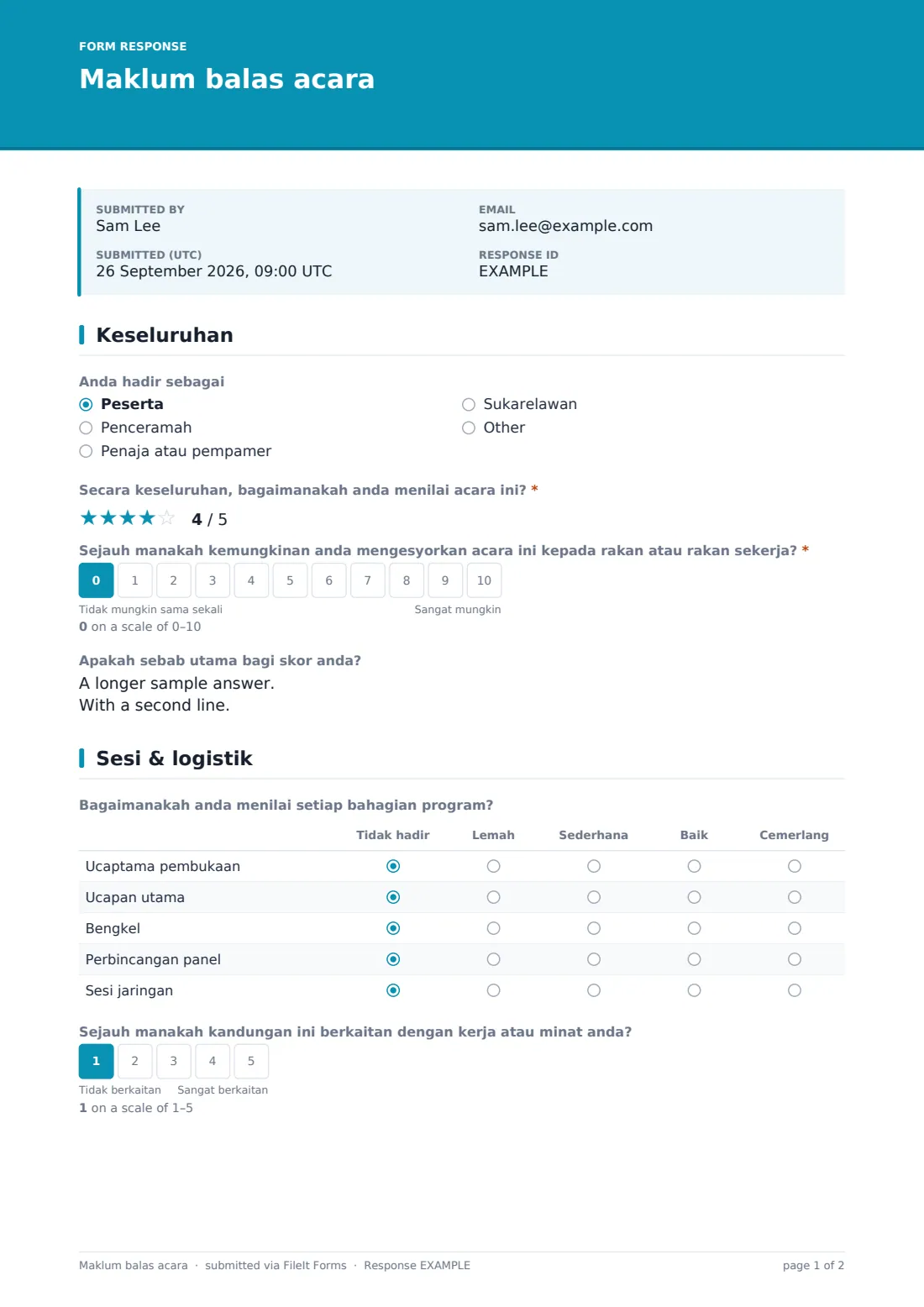 Maklum balas acara — PDF respons contoh, halaman 1 daripada 2