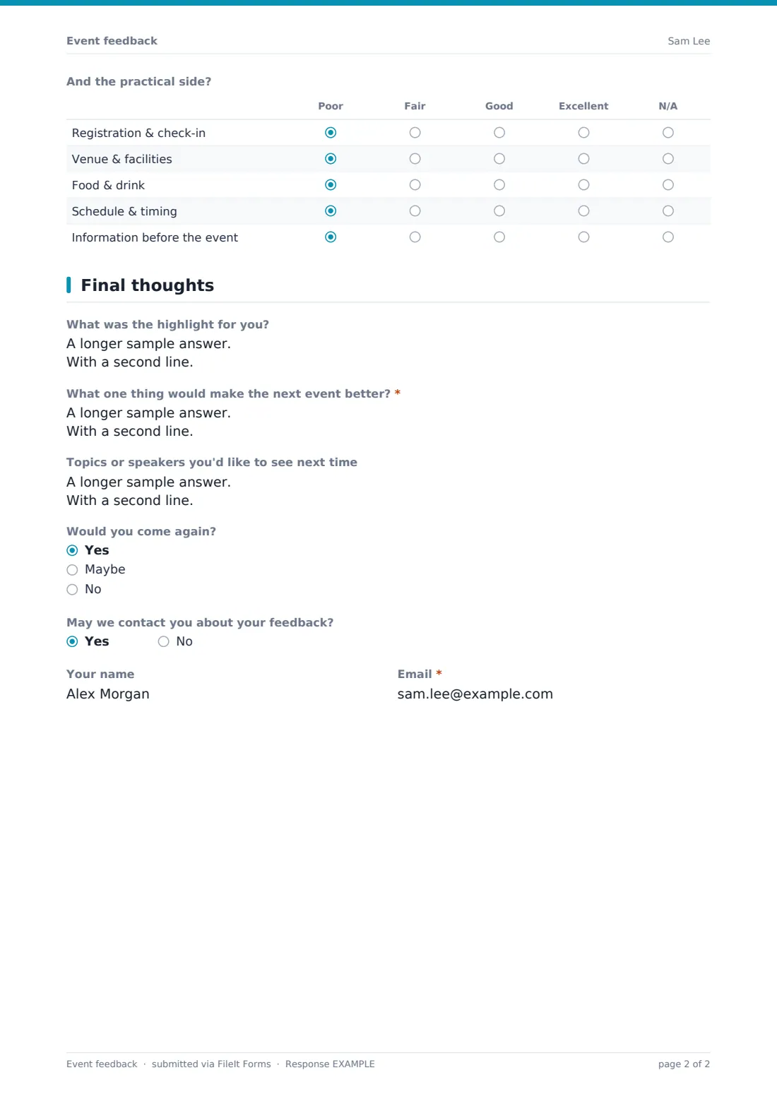Event feedback — example response PDF, page 2 of 2