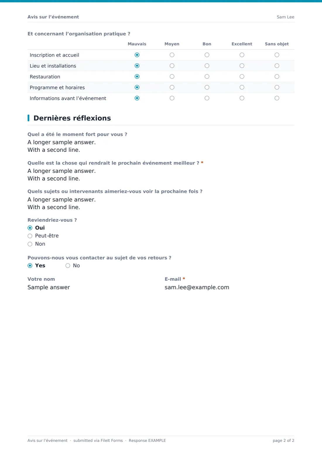 Avis sur l’événement — exemple de réponse au format PDF, page 2 sur 2