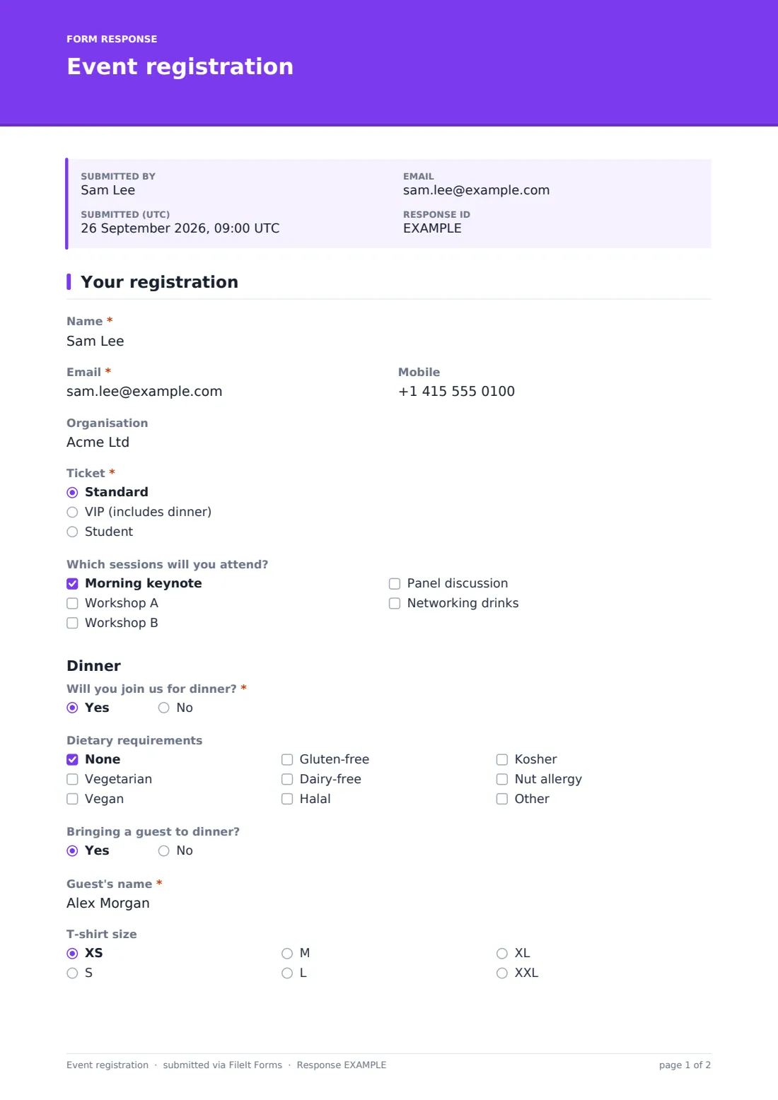 Event registration — example response PDF, page 1 of 2