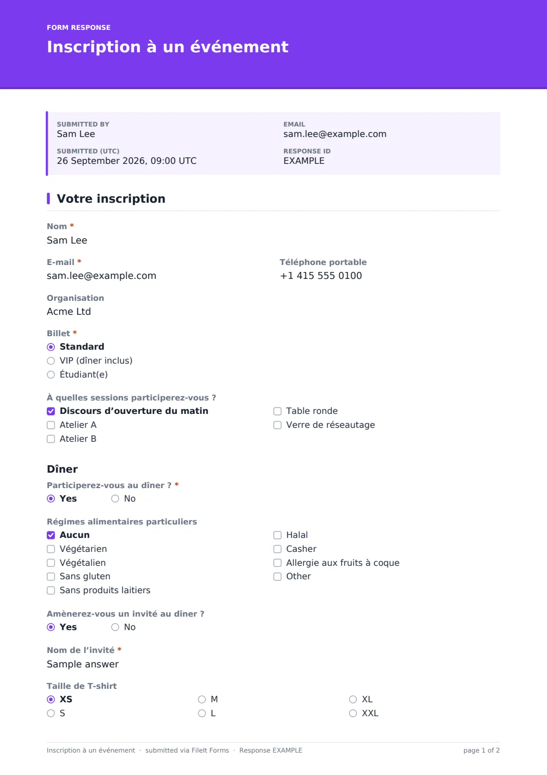 Inscription à un événement — exemple de réponse au format PDF, page 1 sur 2