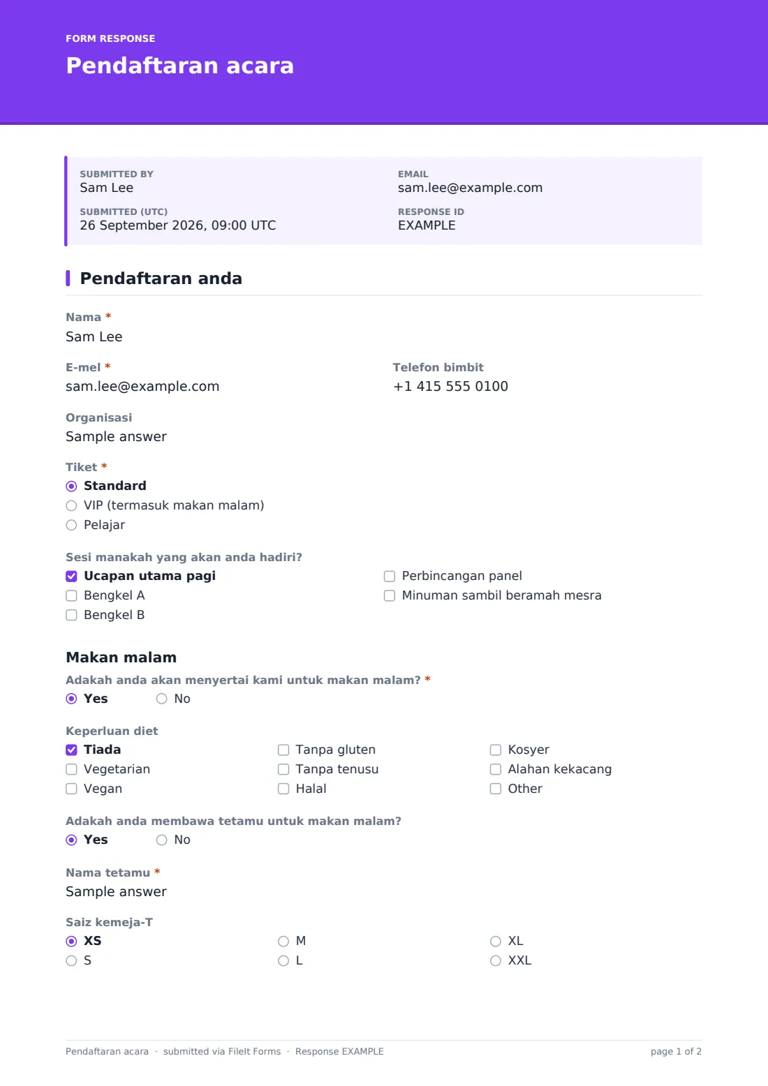 Pendaftaran acara — PDF respons contoh, halaman 1 daripada 2