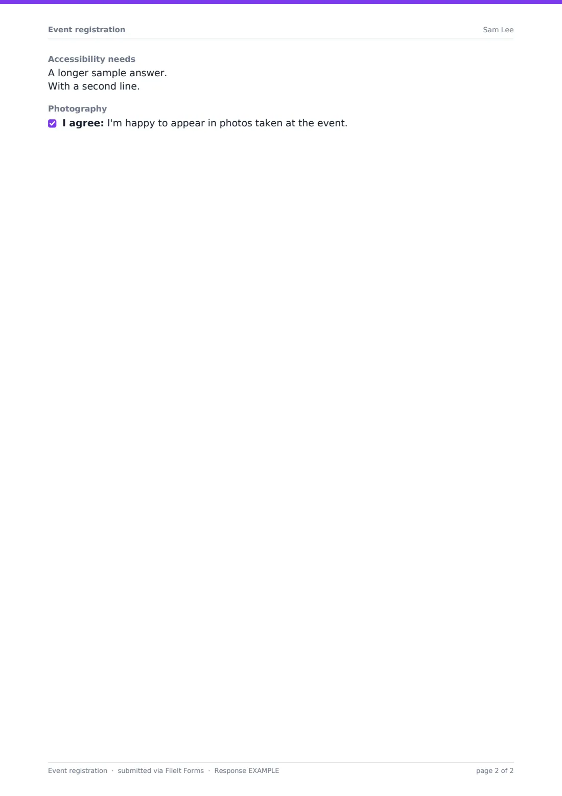 Event registration — example response PDF, page 2 of 2