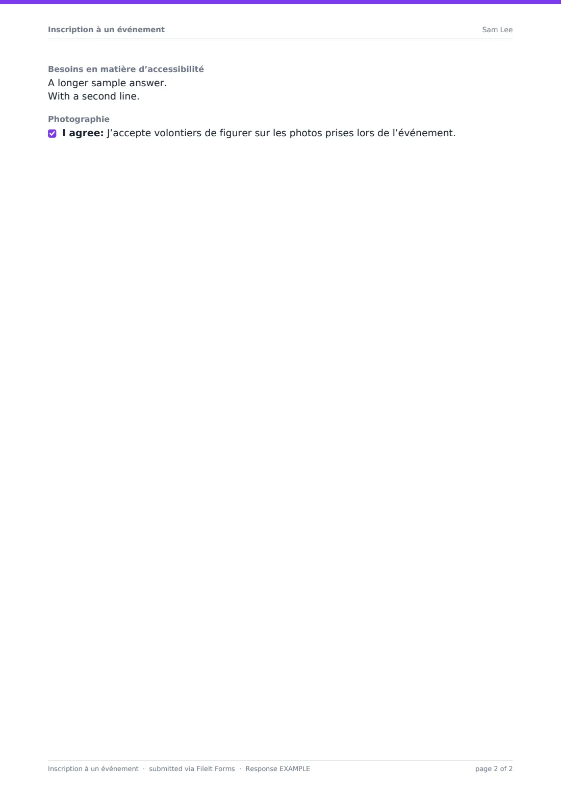 Inscription à un événement — exemple de réponse au format PDF, page 2 sur 2