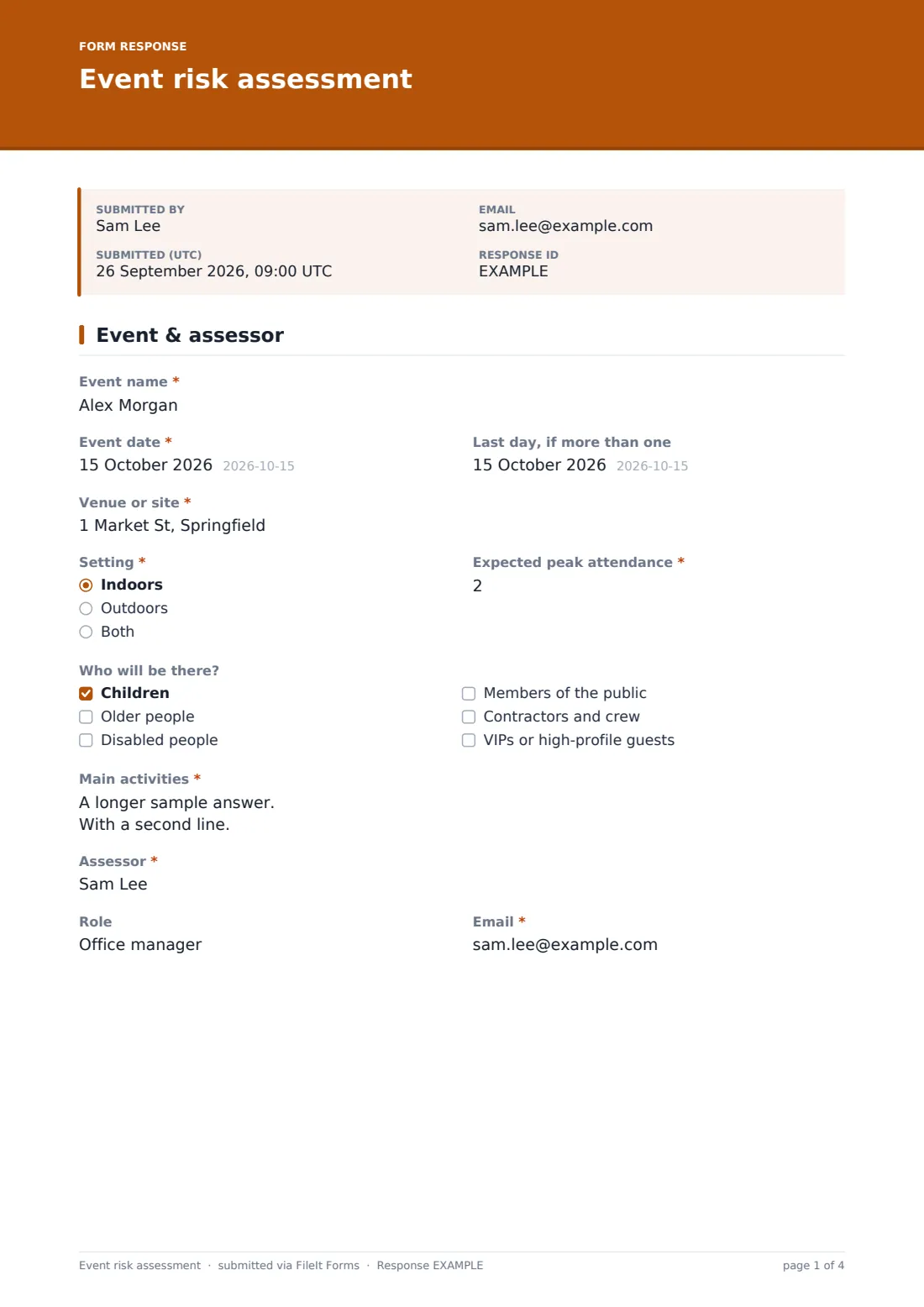 Event risk assessment — example response PDF, page 1 of 4