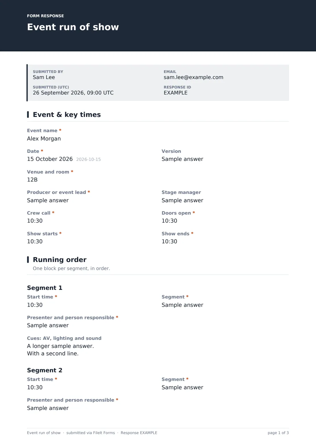 Event run of show — example response PDF, page 1 of 3
