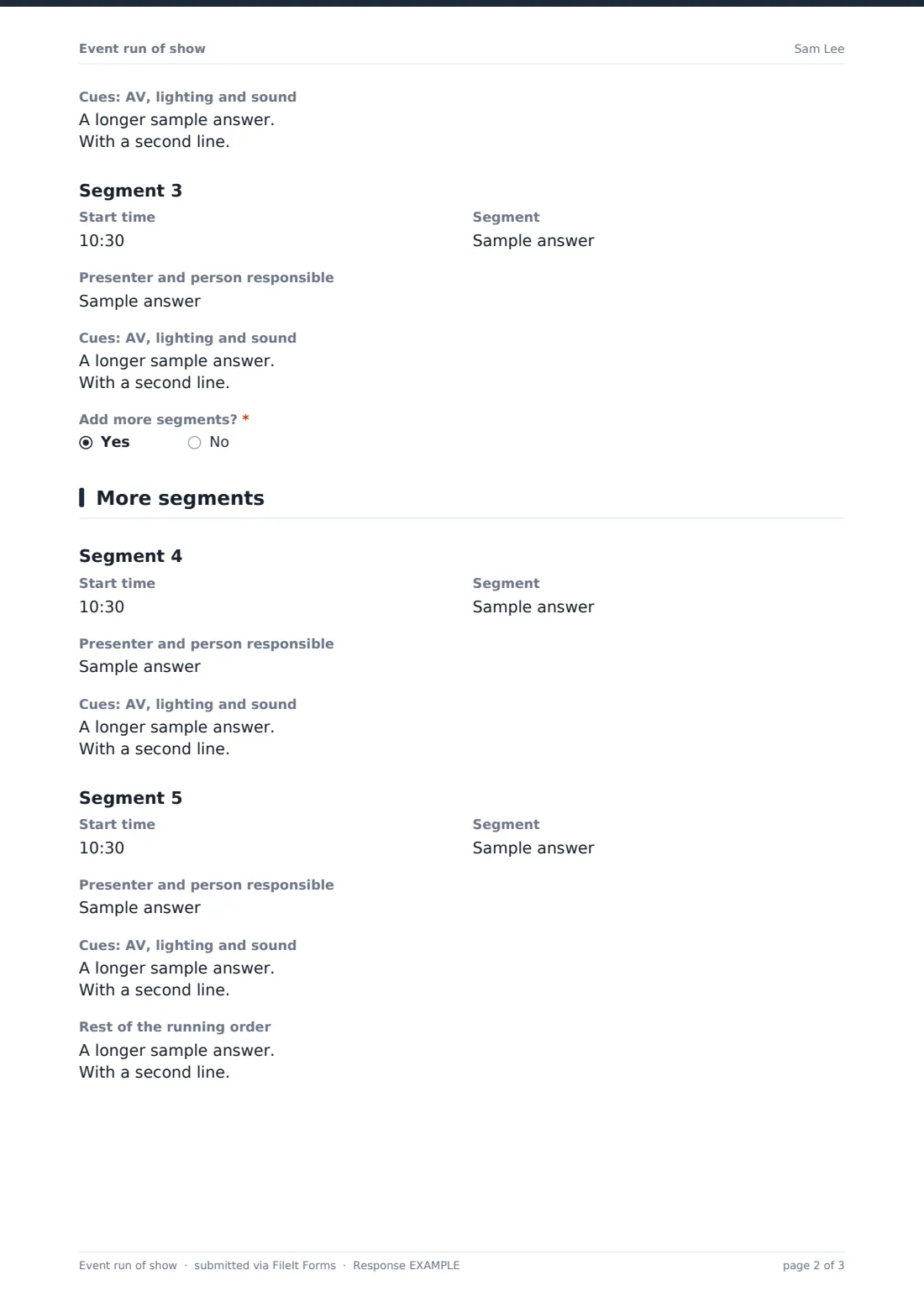 Event run of show — example response PDF, page 2 of 3