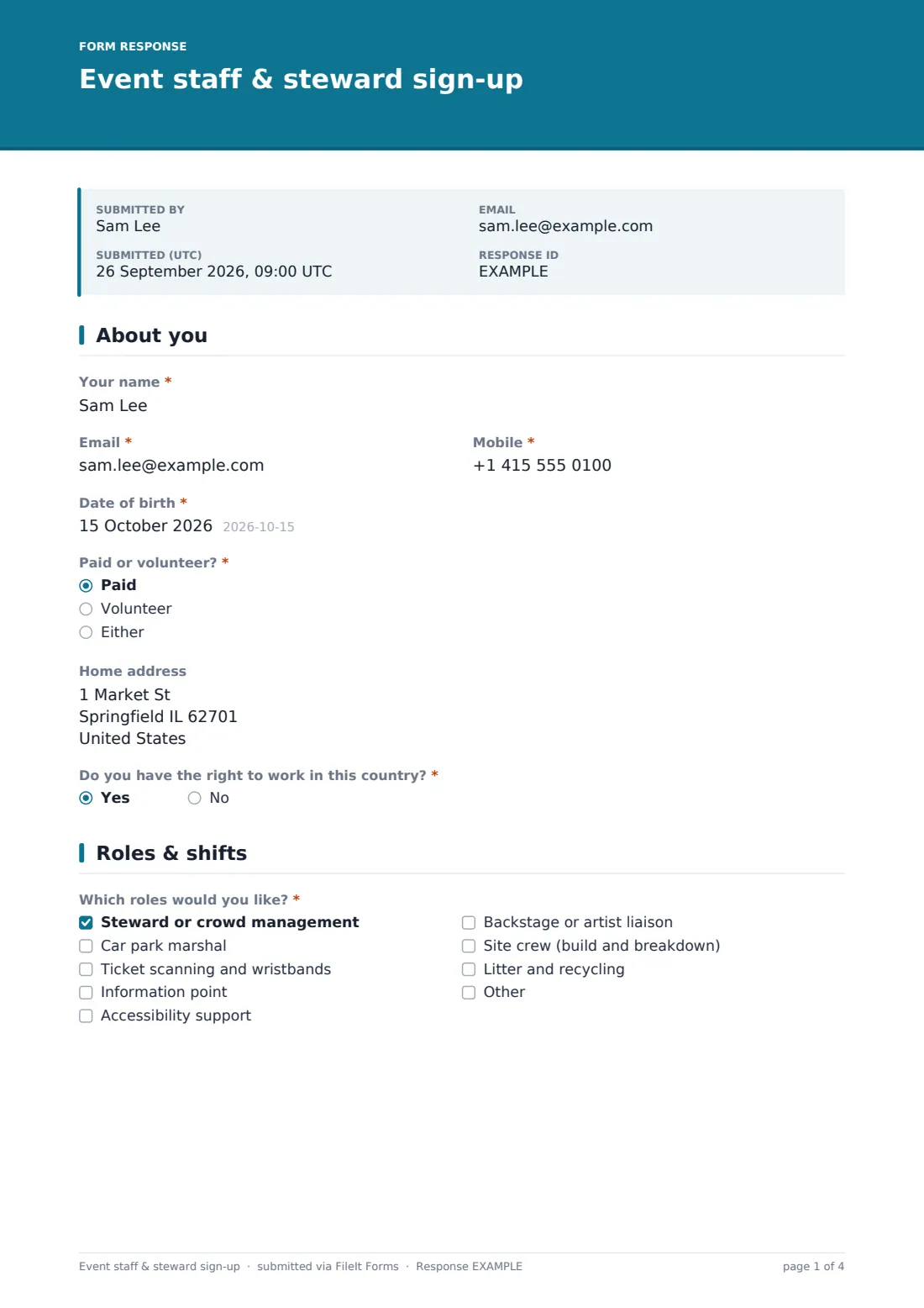 Event staff & steward sign-up — example response PDF, page 1 of 4
