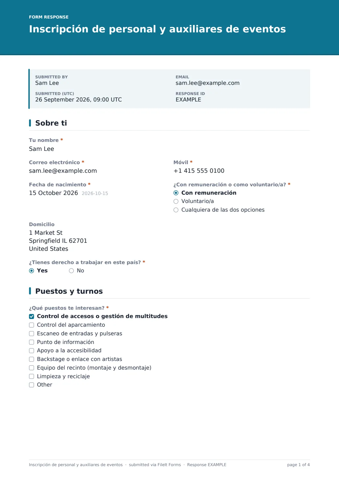 Inscripción de personal y auxiliares de eventos — PDF de respuesta de ejemplo, página 1 de 4