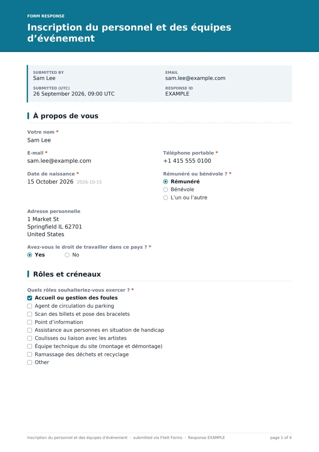 Inscription du personnel et des équipes d’événement — exemple de réponse au format PDF, page 1 sur 4