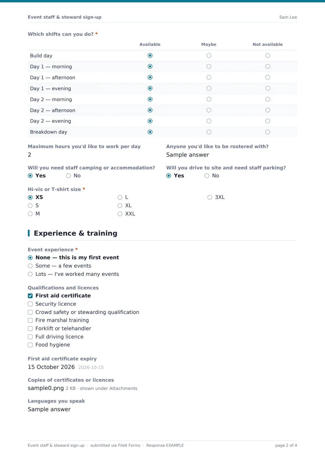 Event staff & steward sign-up — example response PDF, page 2 of 4