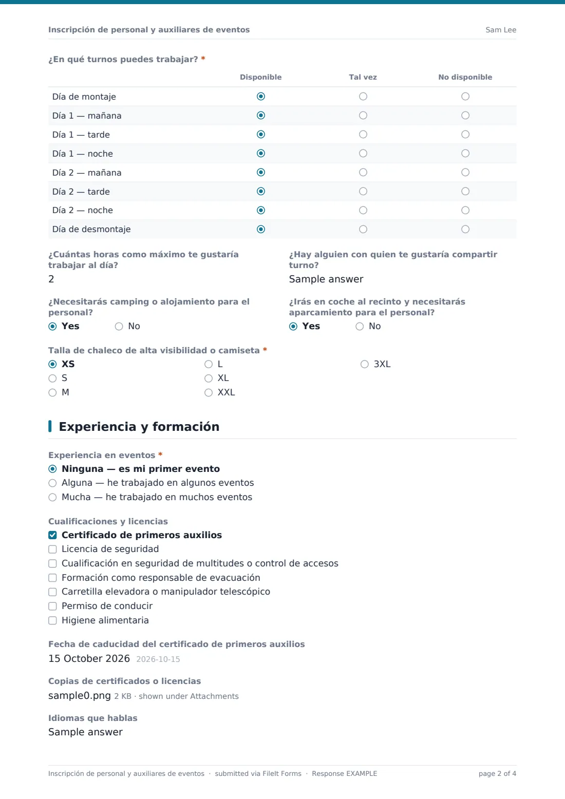 Inscripción de personal y auxiliares de eventos — PDF de respuesta de ejemplo, página 2 de 4