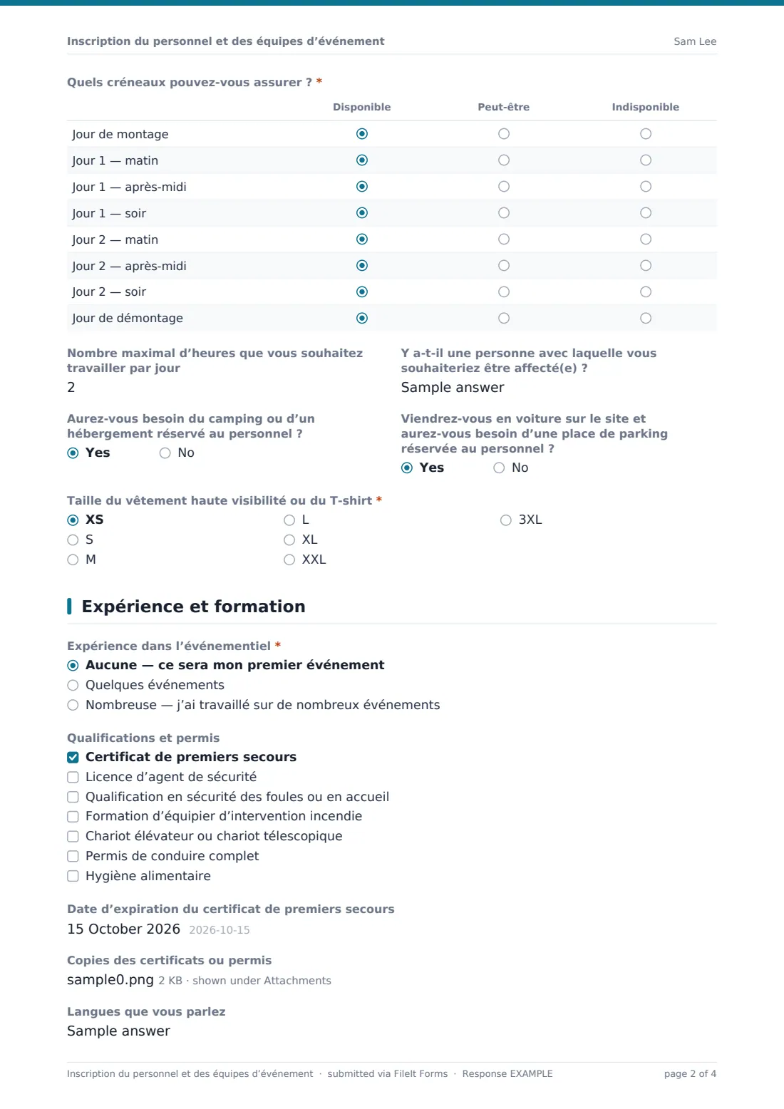 Inscription du personnel et des équipes d’événement — exemple de réponse au format PDF, page 2 sur 4
