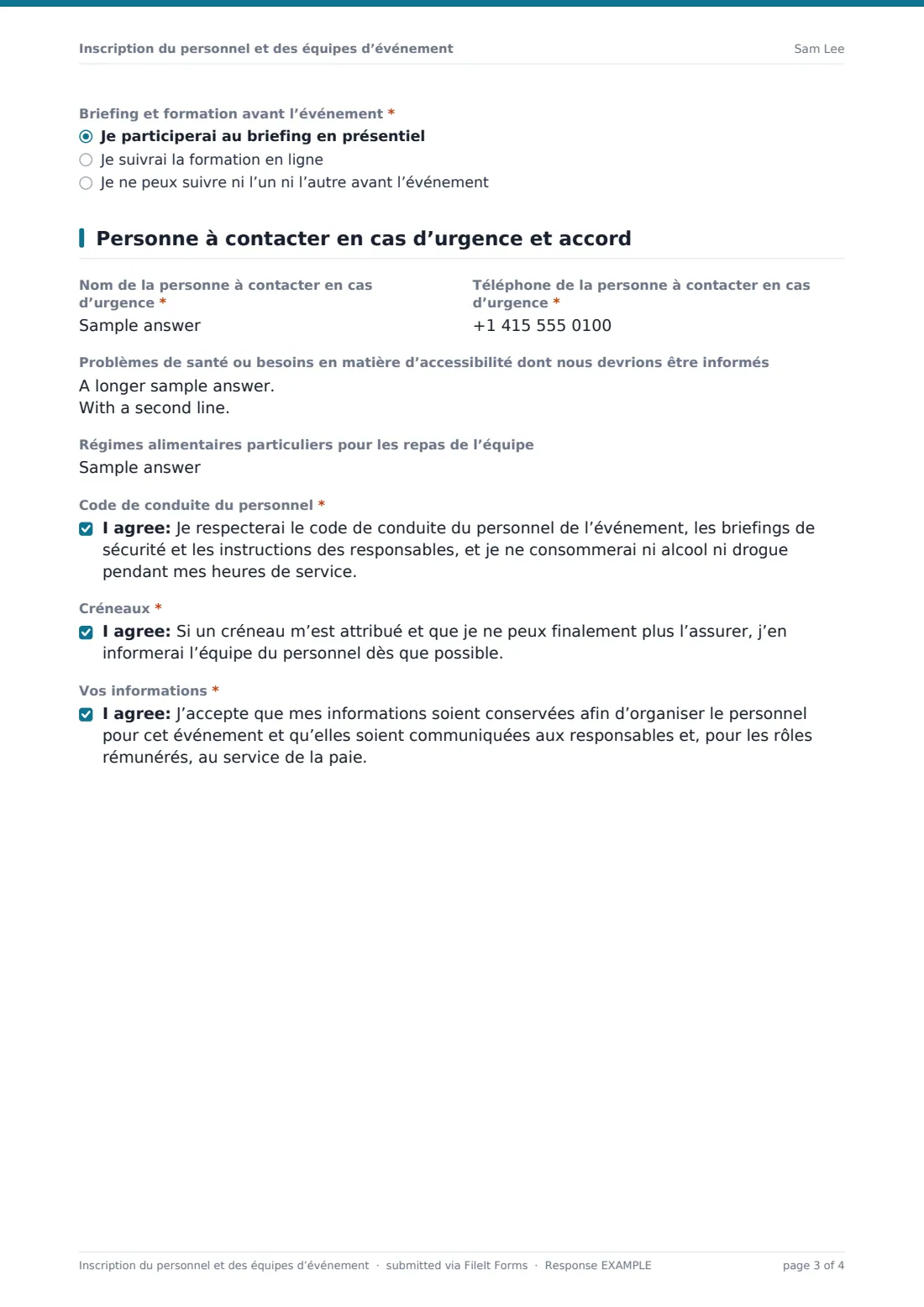 Inscription du personnel et des équipes d’événement — exemple de réponse au format PDF, page 3 sur 4