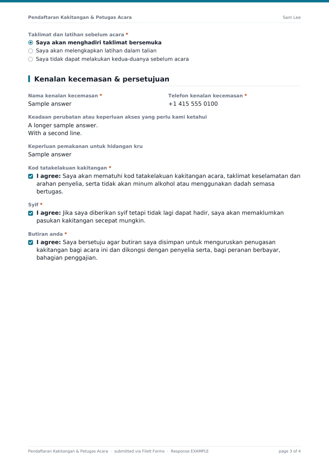 Pendaftaran Kakitangan & Petugas Acara — PDF respons contoh, halaman 3 daripada 4
