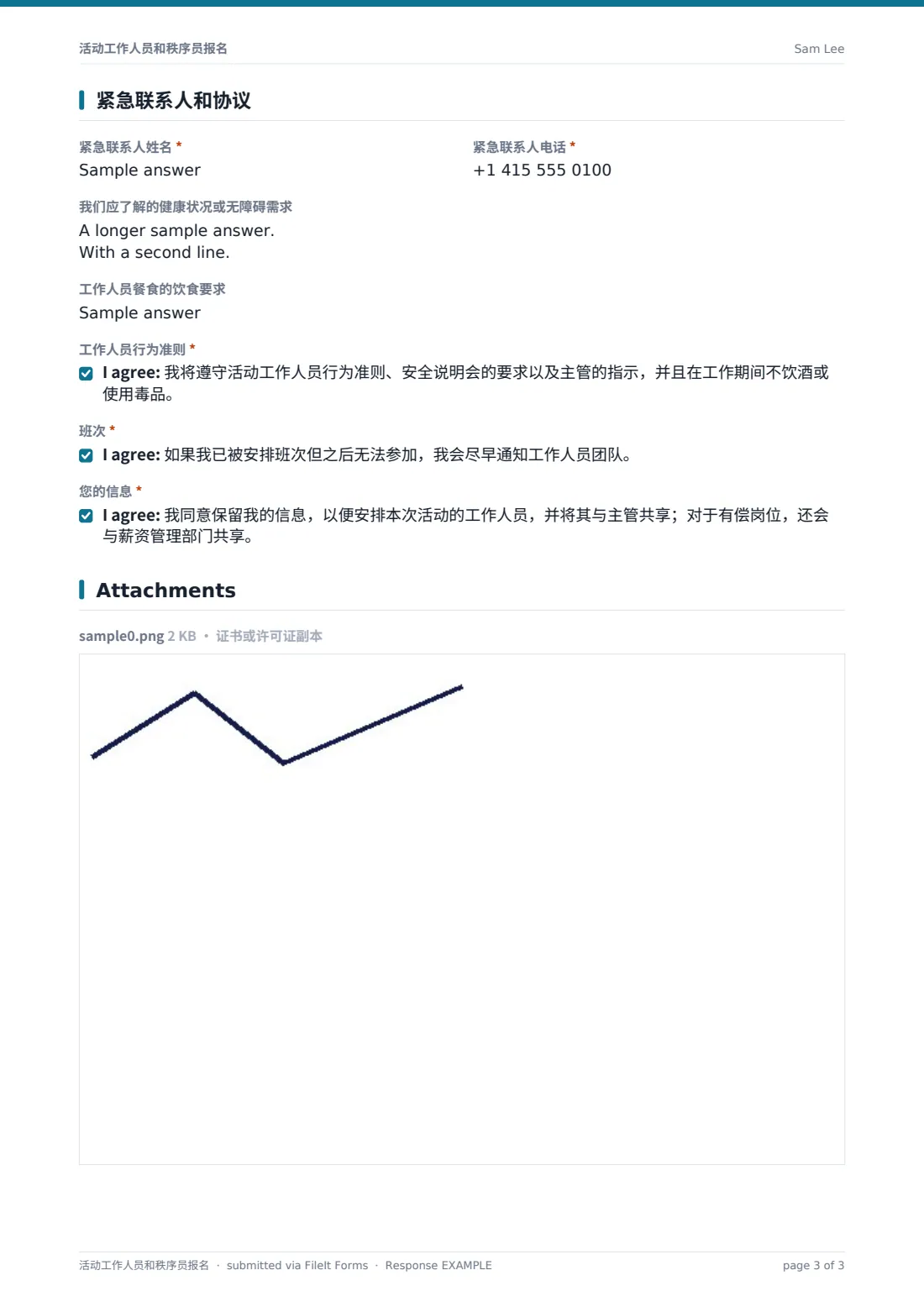 活动工作人员和秩序员报名 — 示例回复 PDF，第 3 页，共 3 页