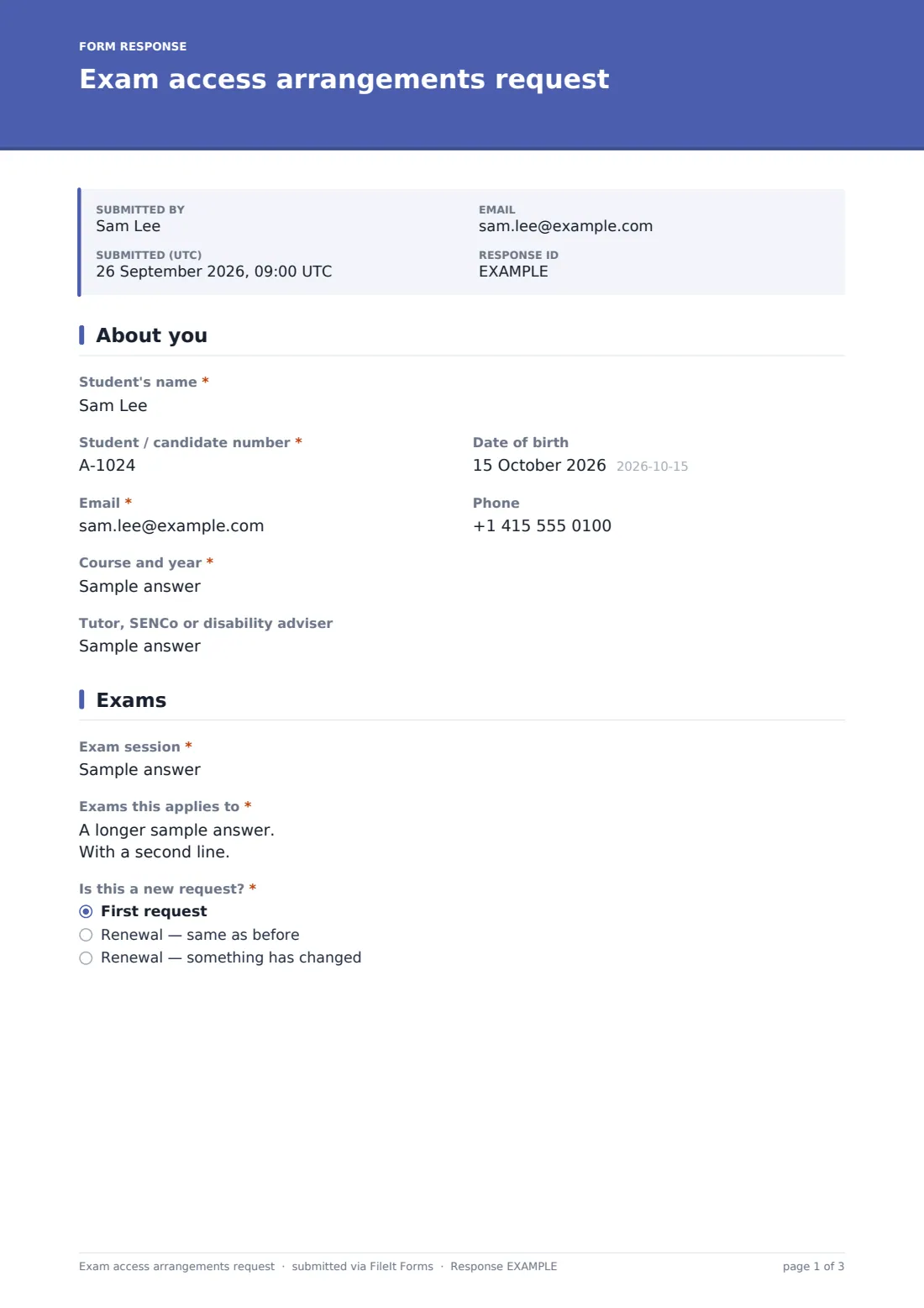 Exam access arrangements request — example response PDF, page 1 of 3