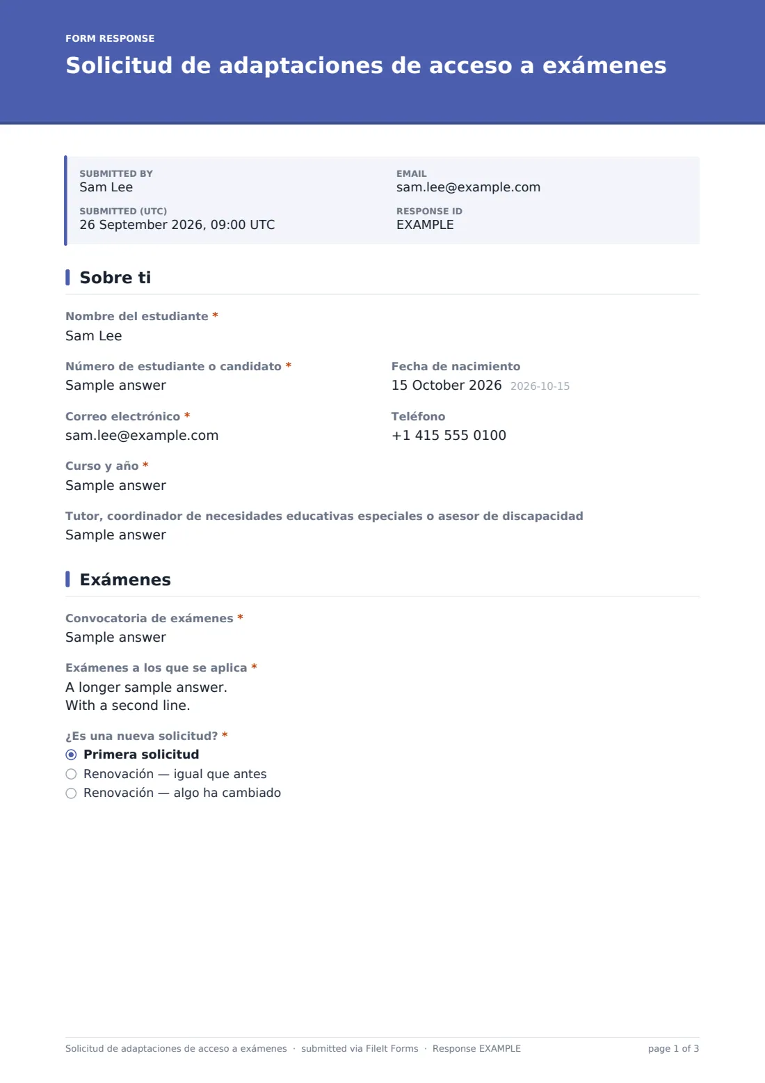 Solicitud de adaptaciones de acceso a exámenes — PDF de respuesta de ejemplo, página 1 de 3