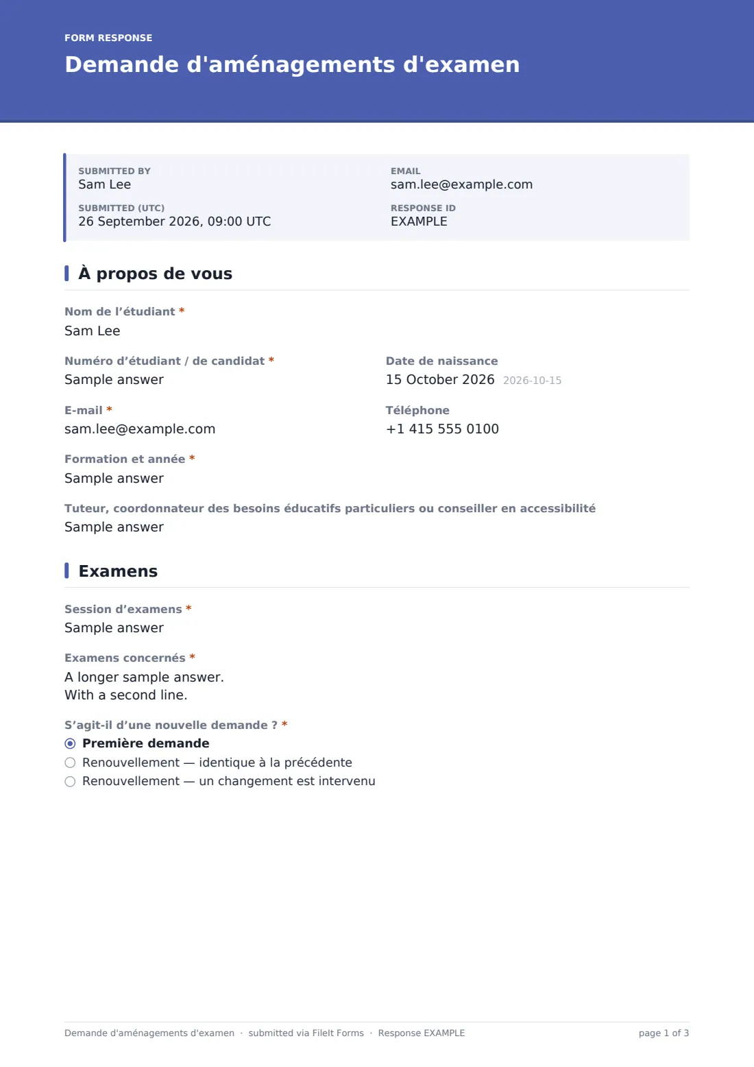 Demande d'aménagements d'examen — exemple de réponse au format PDF, page 1 sur 3