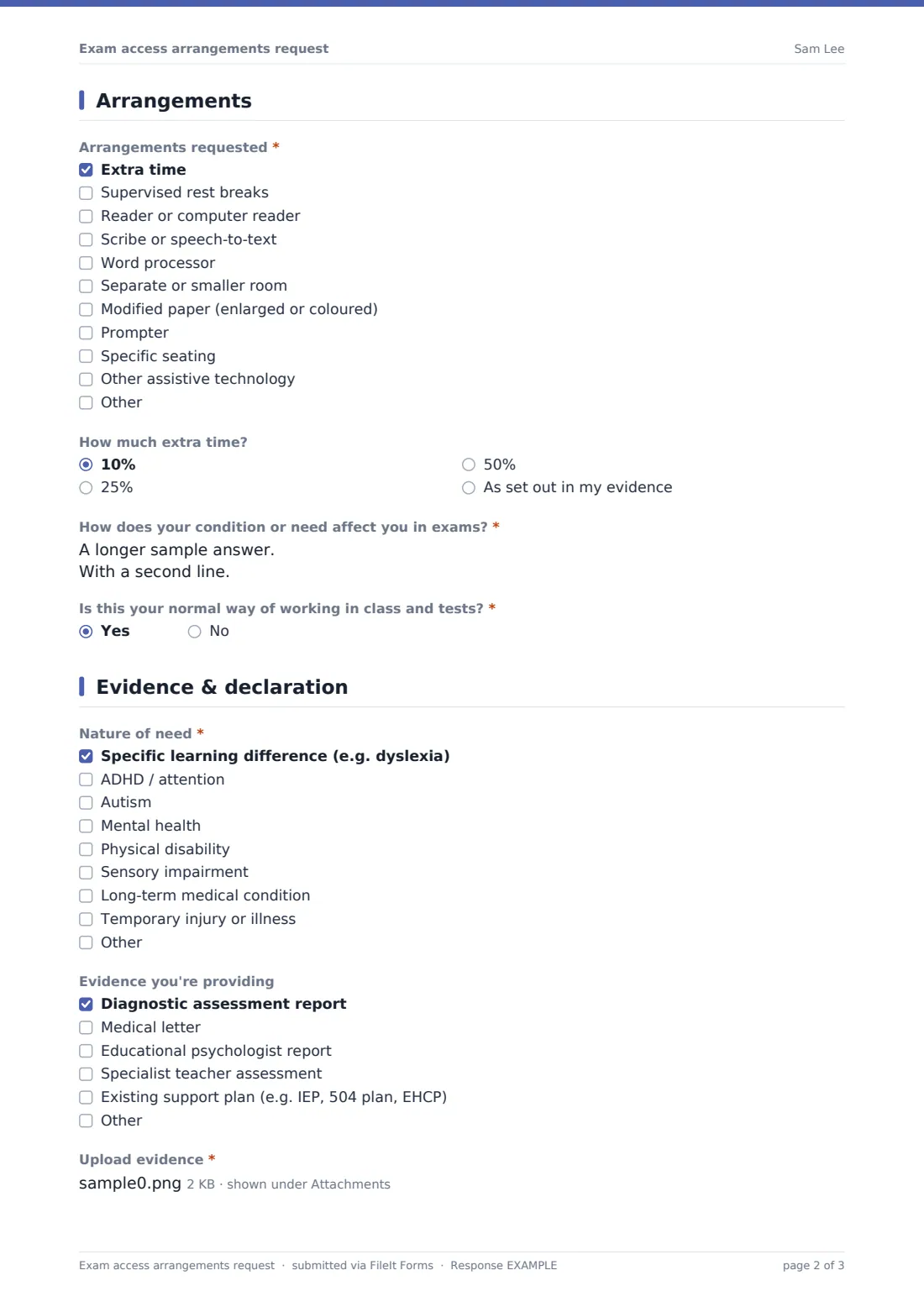 Exam access arrangements request — example response PDF, page 2 of 3