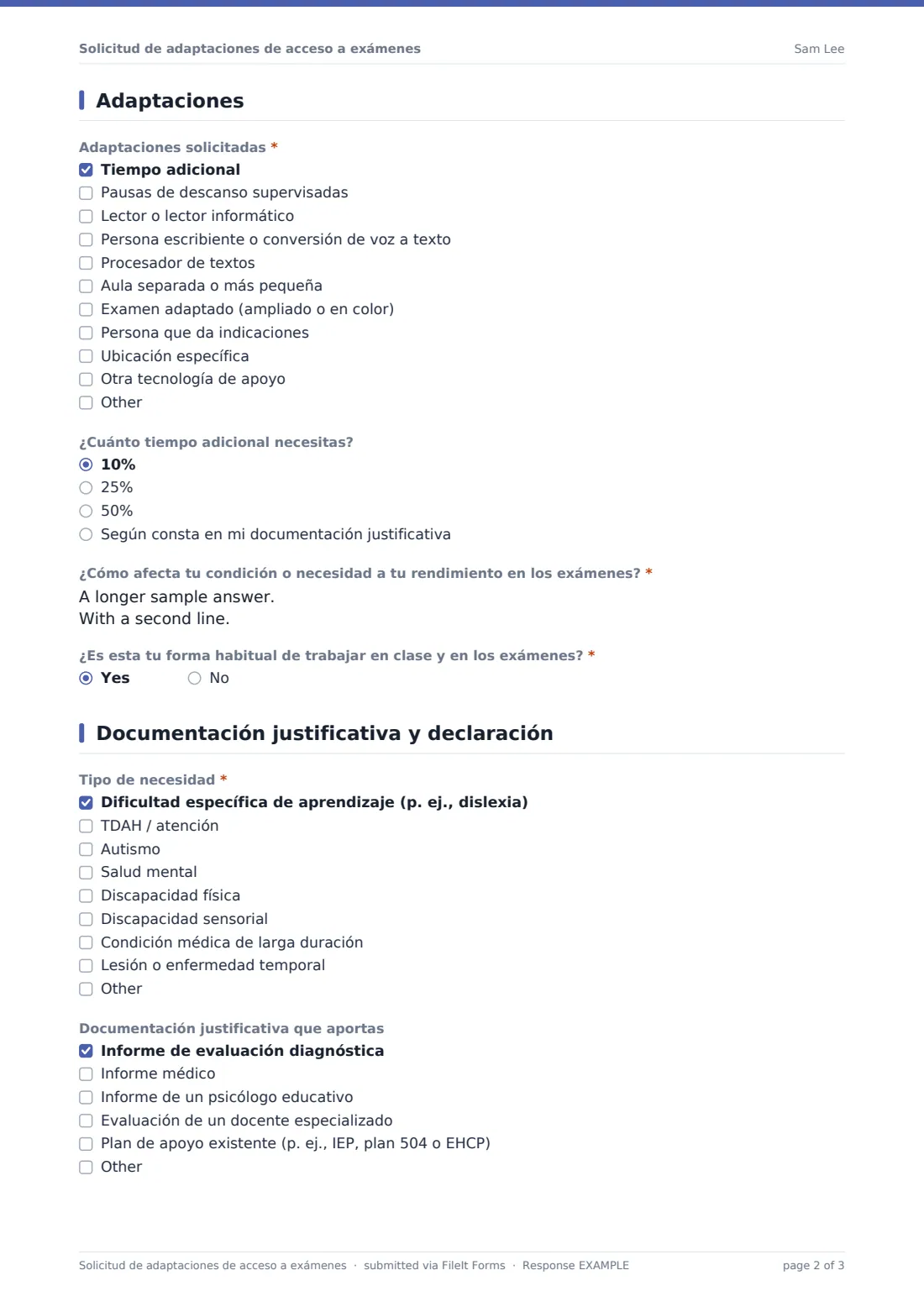 Solicitud de adaptaciones de acceso a exámenes — PDF de respuesta de ejemplo, página 2 de 3