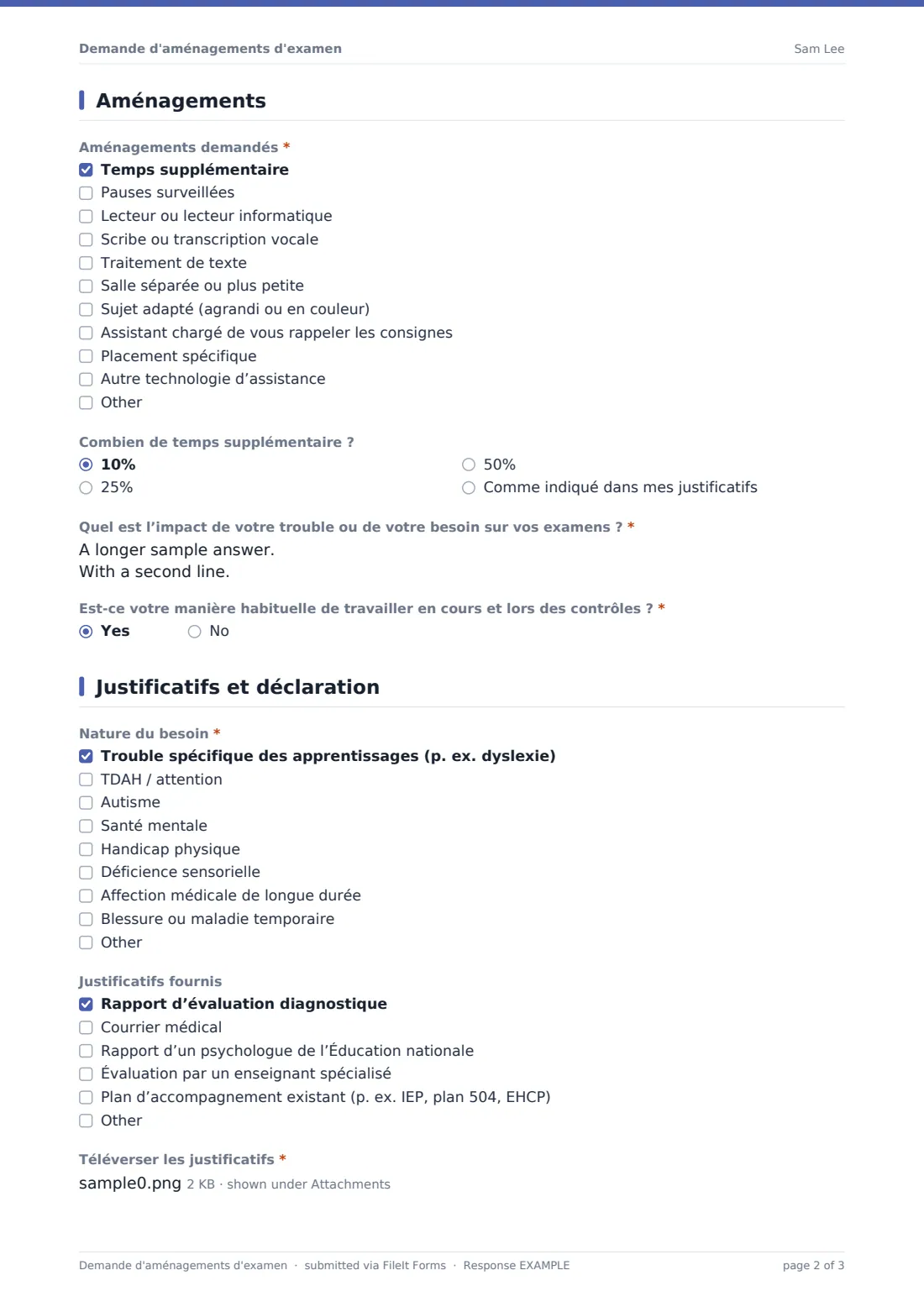 Demande d'aménagements d'examen — exemple de réponse au format PDF, page 2 sur 3