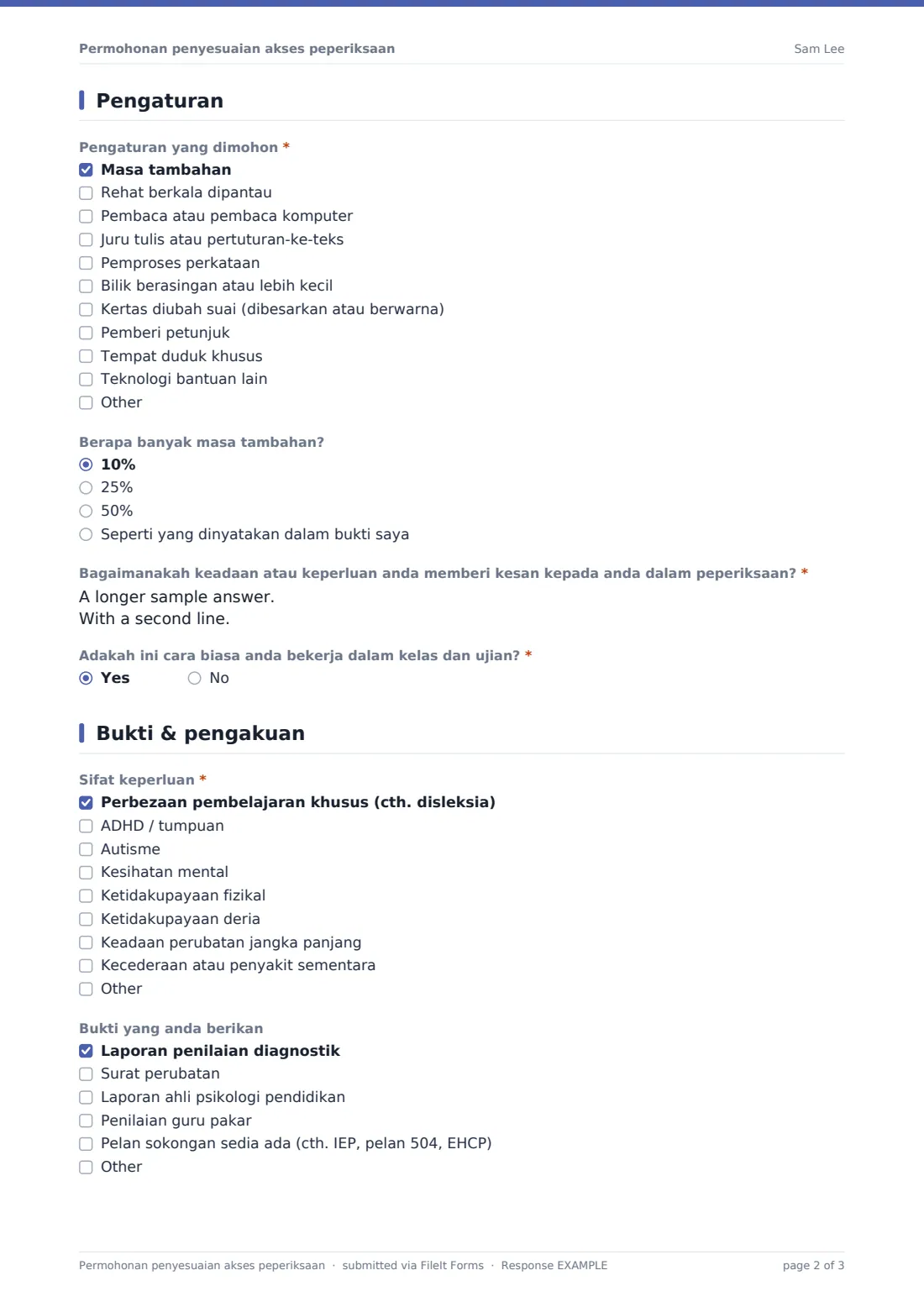Permohonan penyesuaian akses peperiksaan — PDF respons contoh, halaman 2 daripada 3