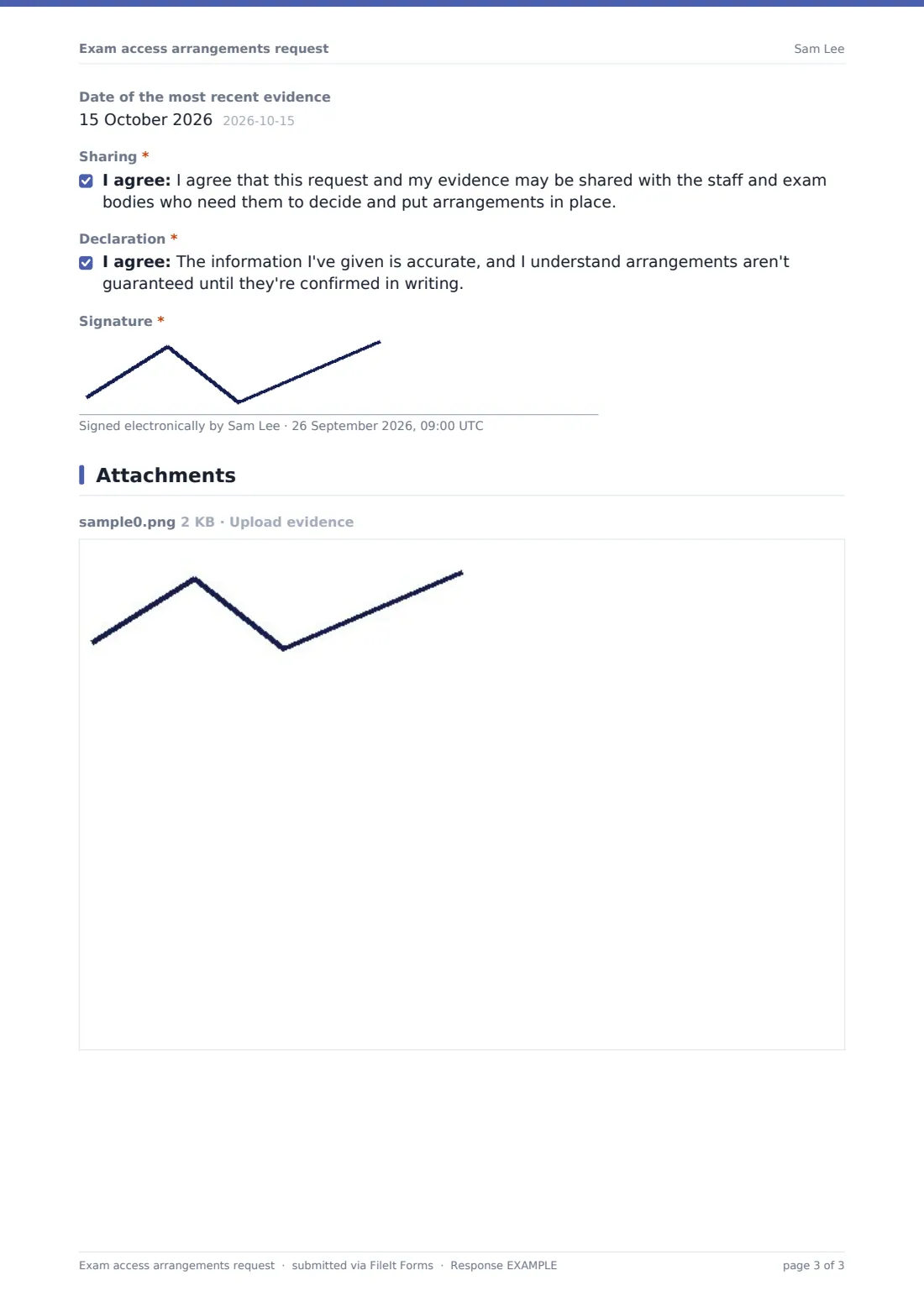 Exam access arrangements request — example response PDF, page 3 of 3