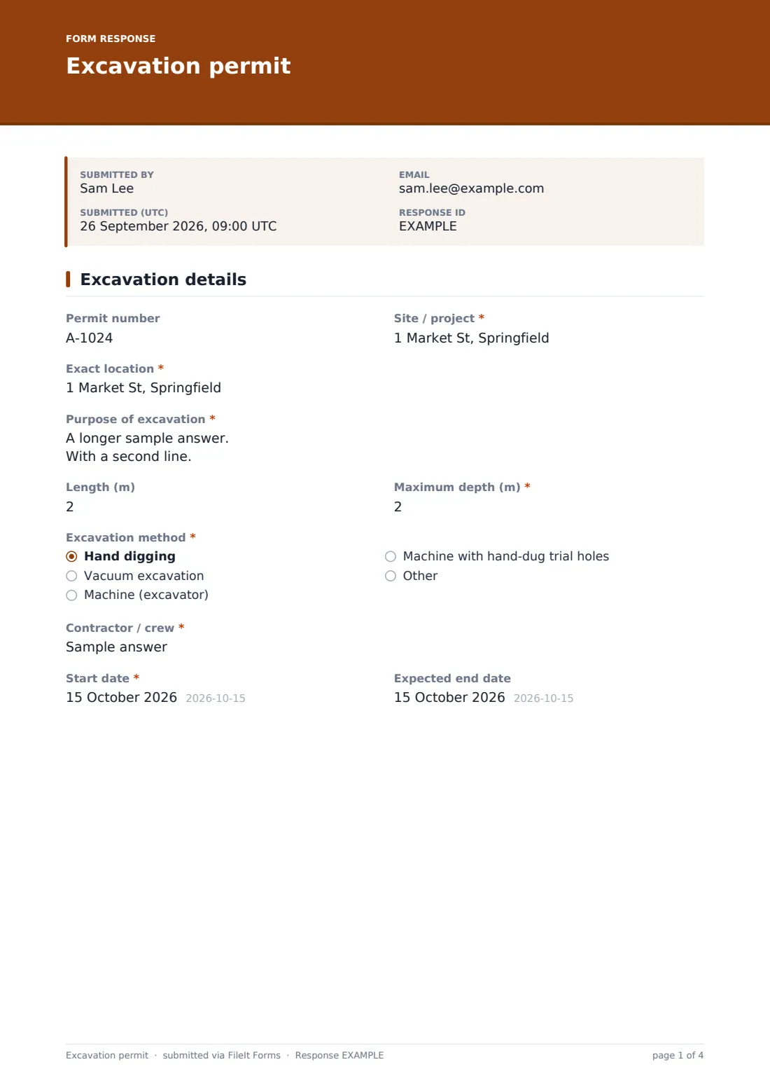 Excavation permit — example response PDF, page 1 of 4