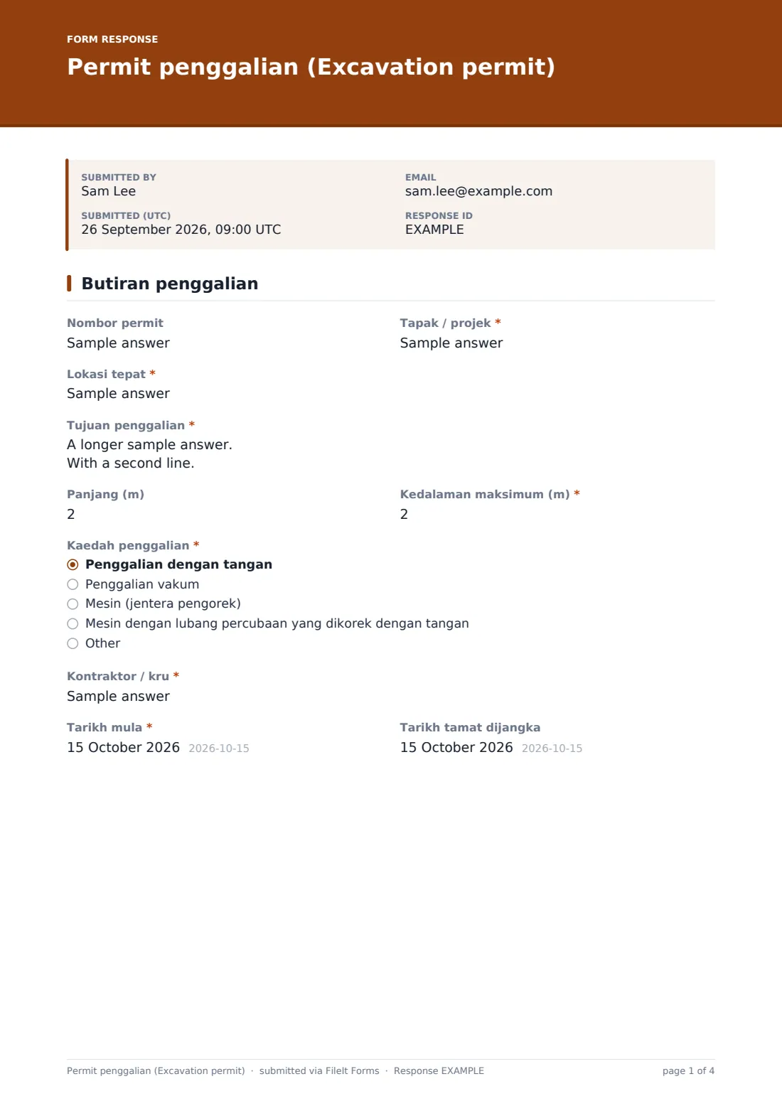 Permit penggalian (Excavation permit) — PDF respons contoh, halaman 1 daripada 4