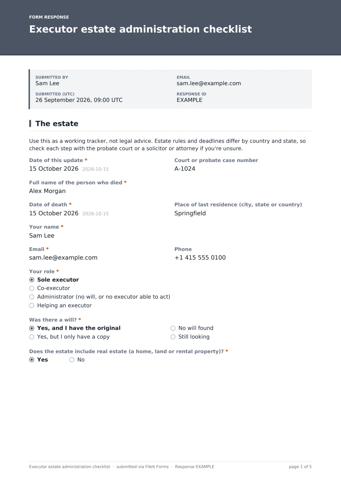 Executor estate administration checklist — example response PDF, page 1 of 5