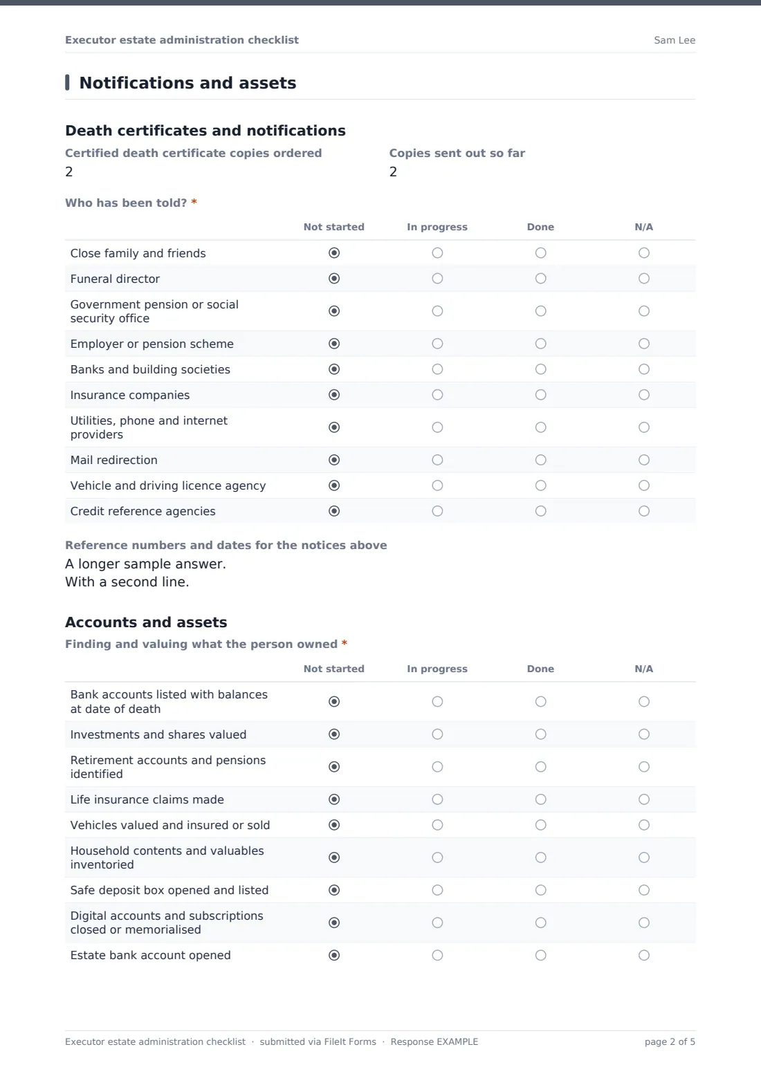 Executor estate administration checklist — example response PDF, page 2 of 5