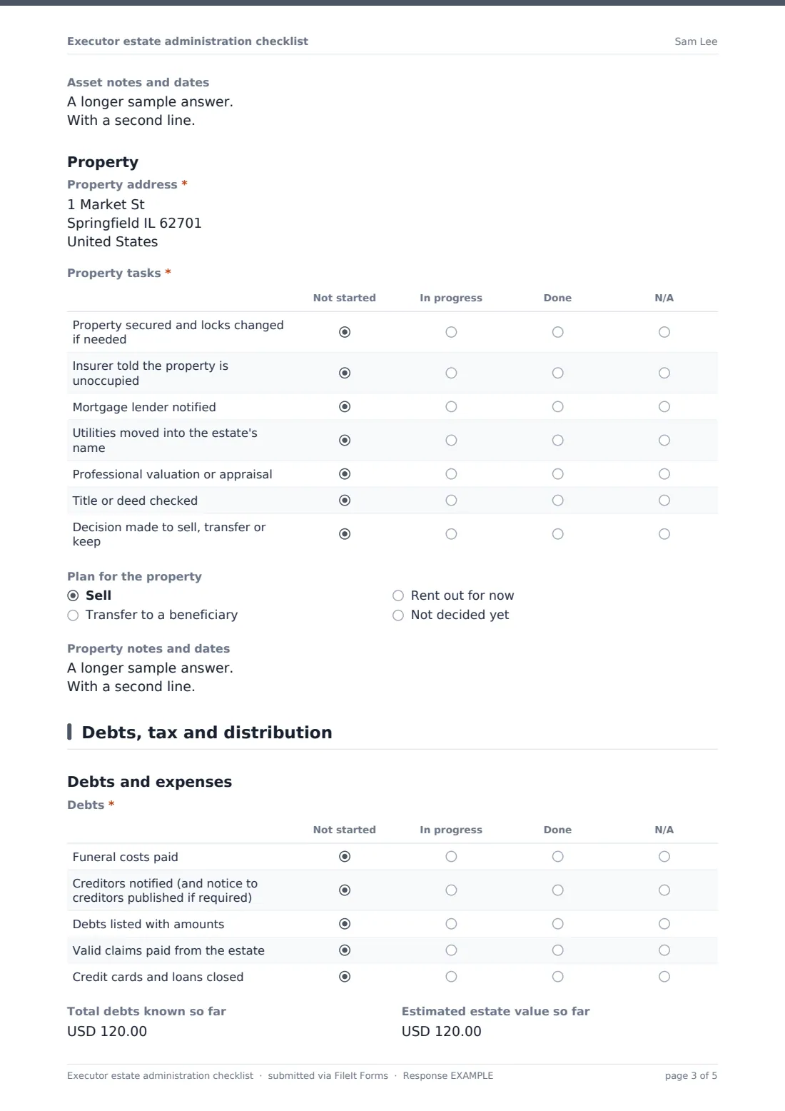 Executor estate administration checklist — example response PDF, page 3 of 5