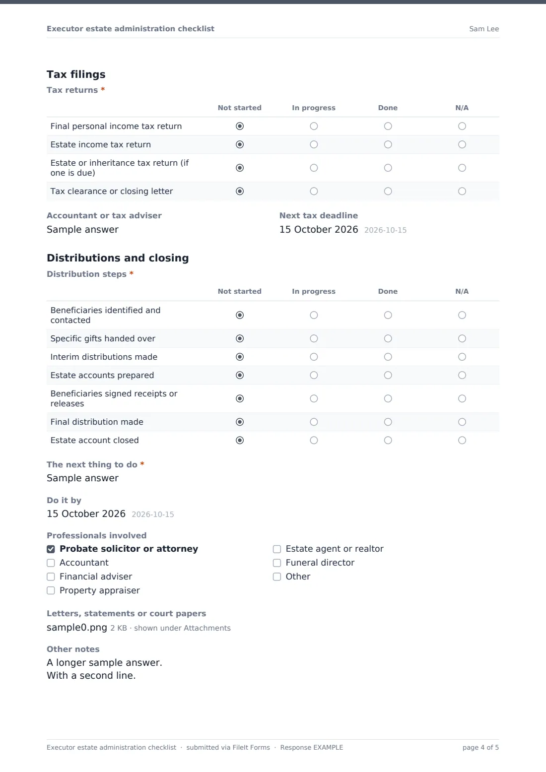 Executor estate administration checklist — example response PDF, page 4 of 5