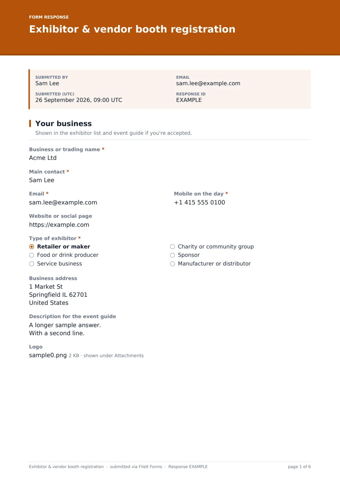 Exhibitor & vendor booth registration — example response PDF, page 1 of 6