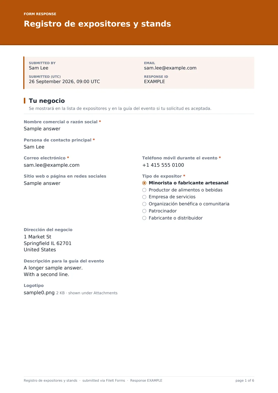 Registro de expositores y stands — PDF de respuesta de ejemplo, página 1 de 6