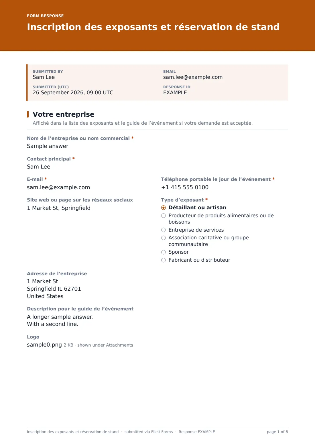 Inscription des exposants et réservation de stand — exemple de réponse au format PDF, page 1 sur 6