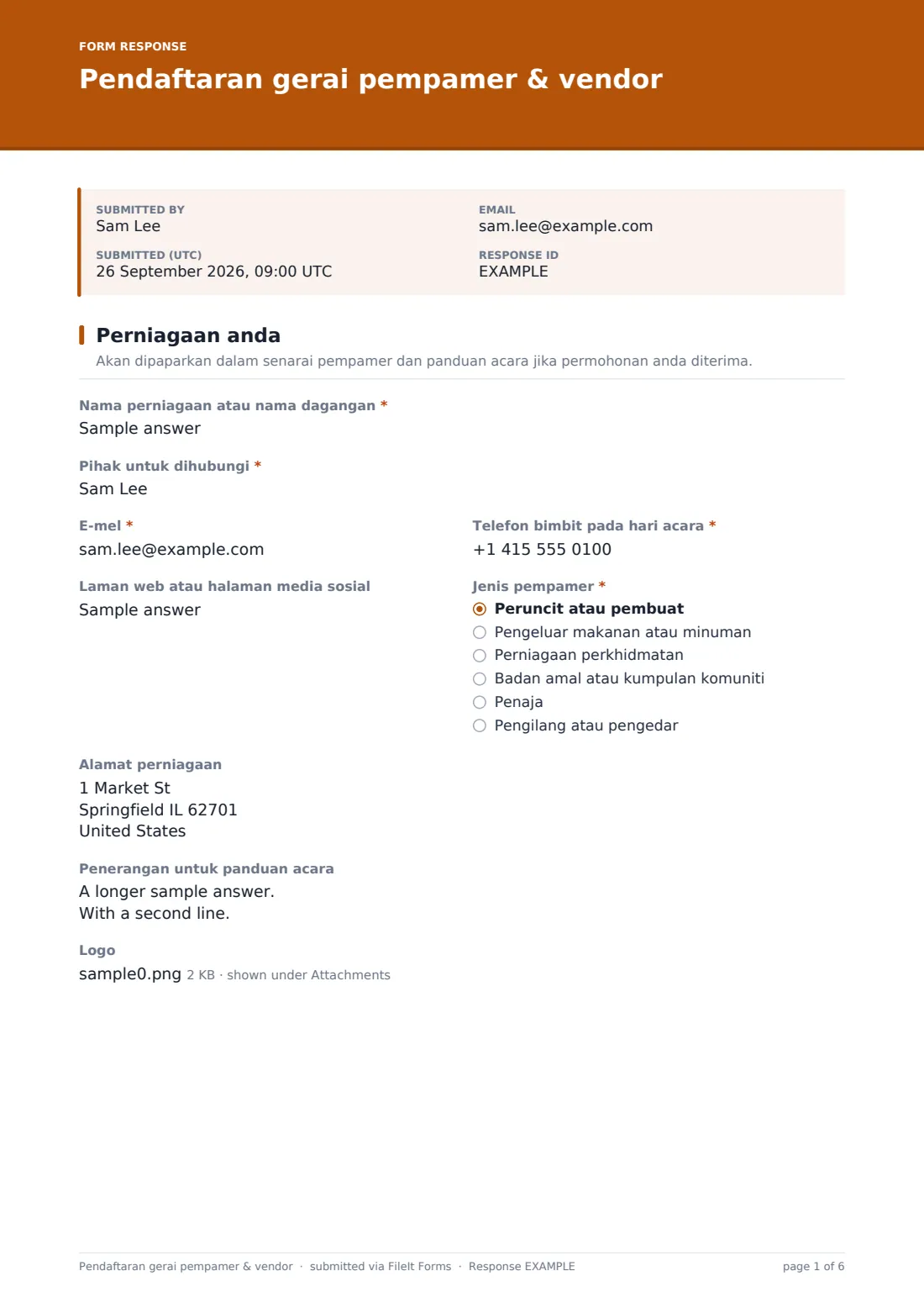 Pendaftaran gerai pempamer & vendor — PDF respons contoh, halaman 1 daripada 6