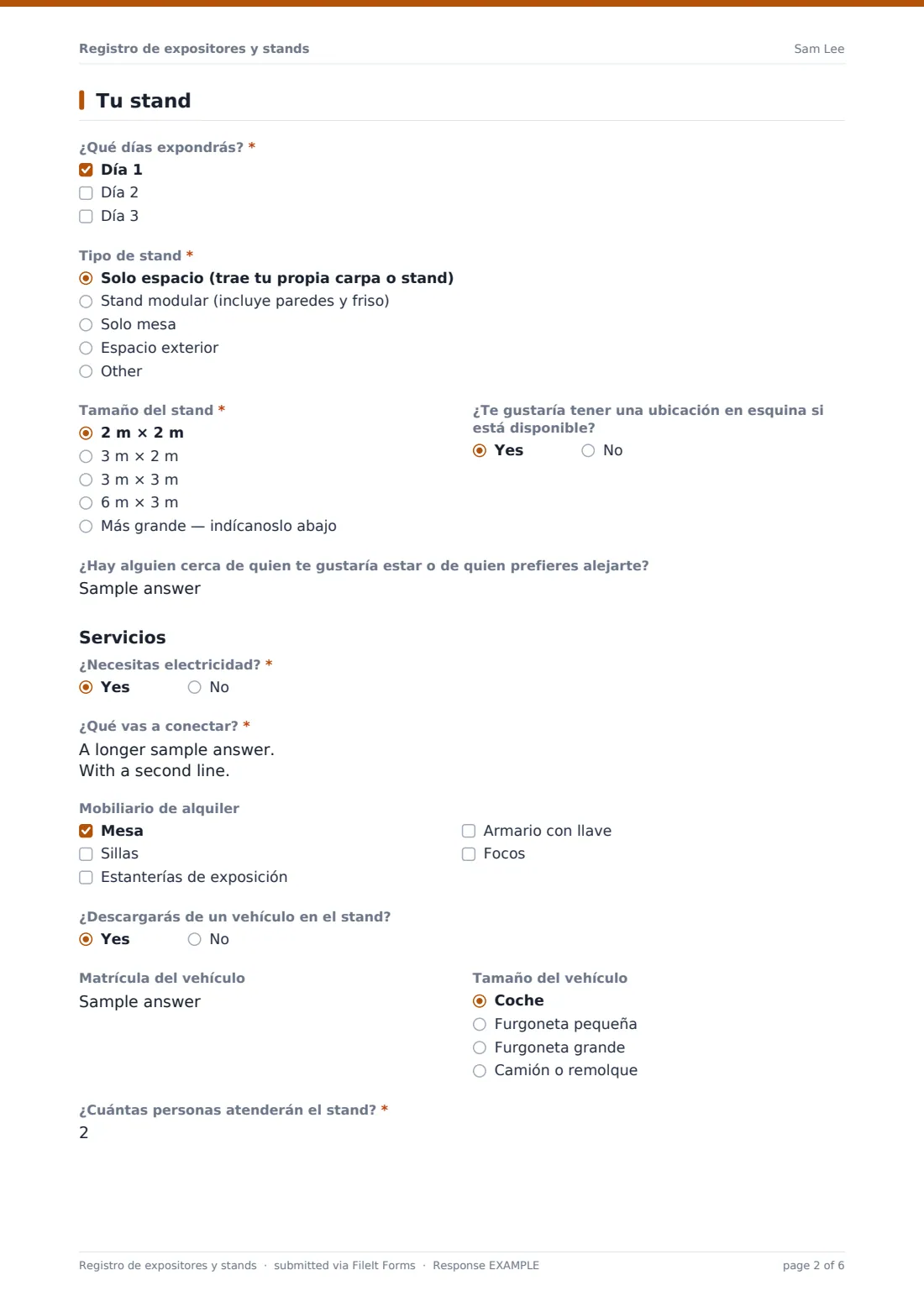 Registro de expositores y stands — PDF de respuesta de ejemplo, página 2 de 6