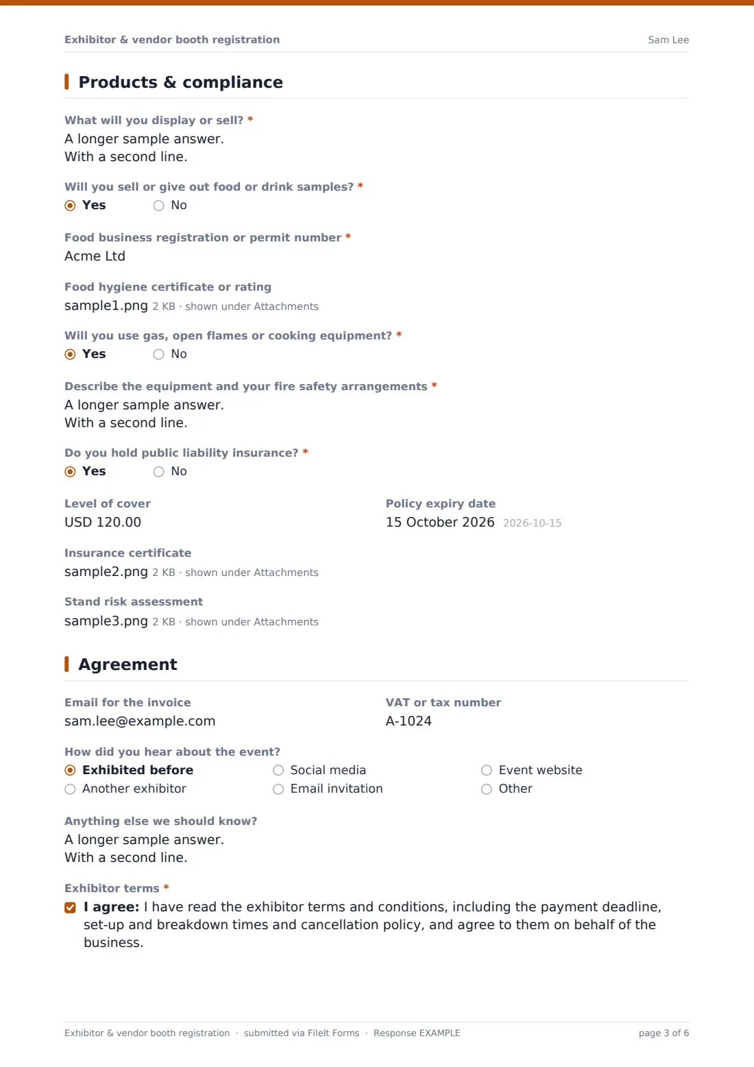 Exhibitor & vendor booth registration — example response PDF, page 3 of 6