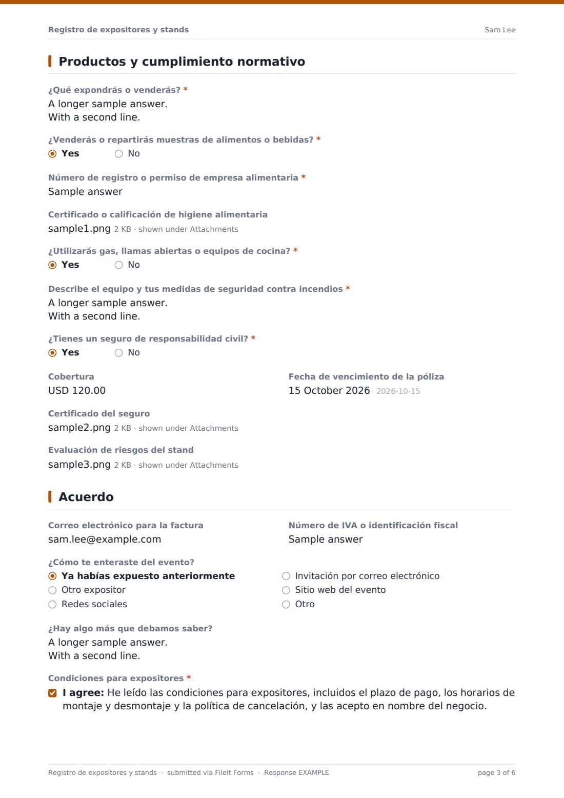 Registro de expositores y stands — PDF de respuesta de ejemplo, página 3 de 6
