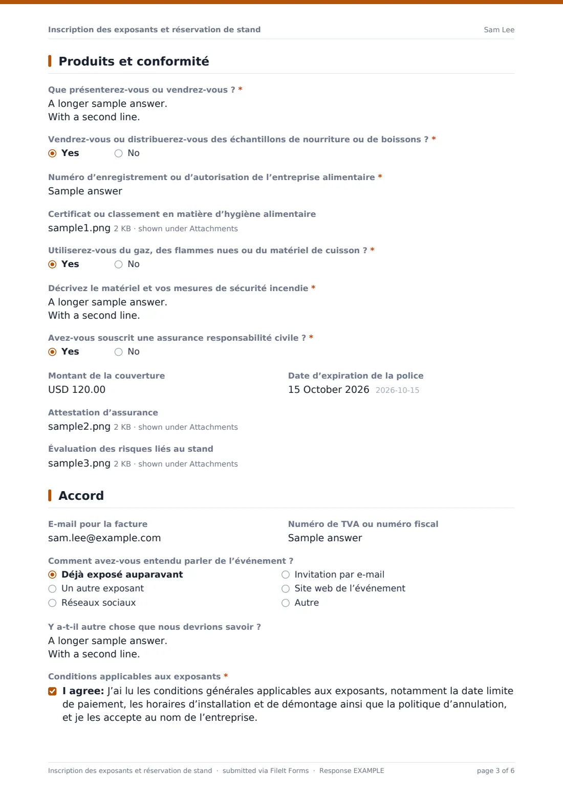 Inscription des exposants et réservation de stand — exemple de réponse au format PDF, page 3 sur 6