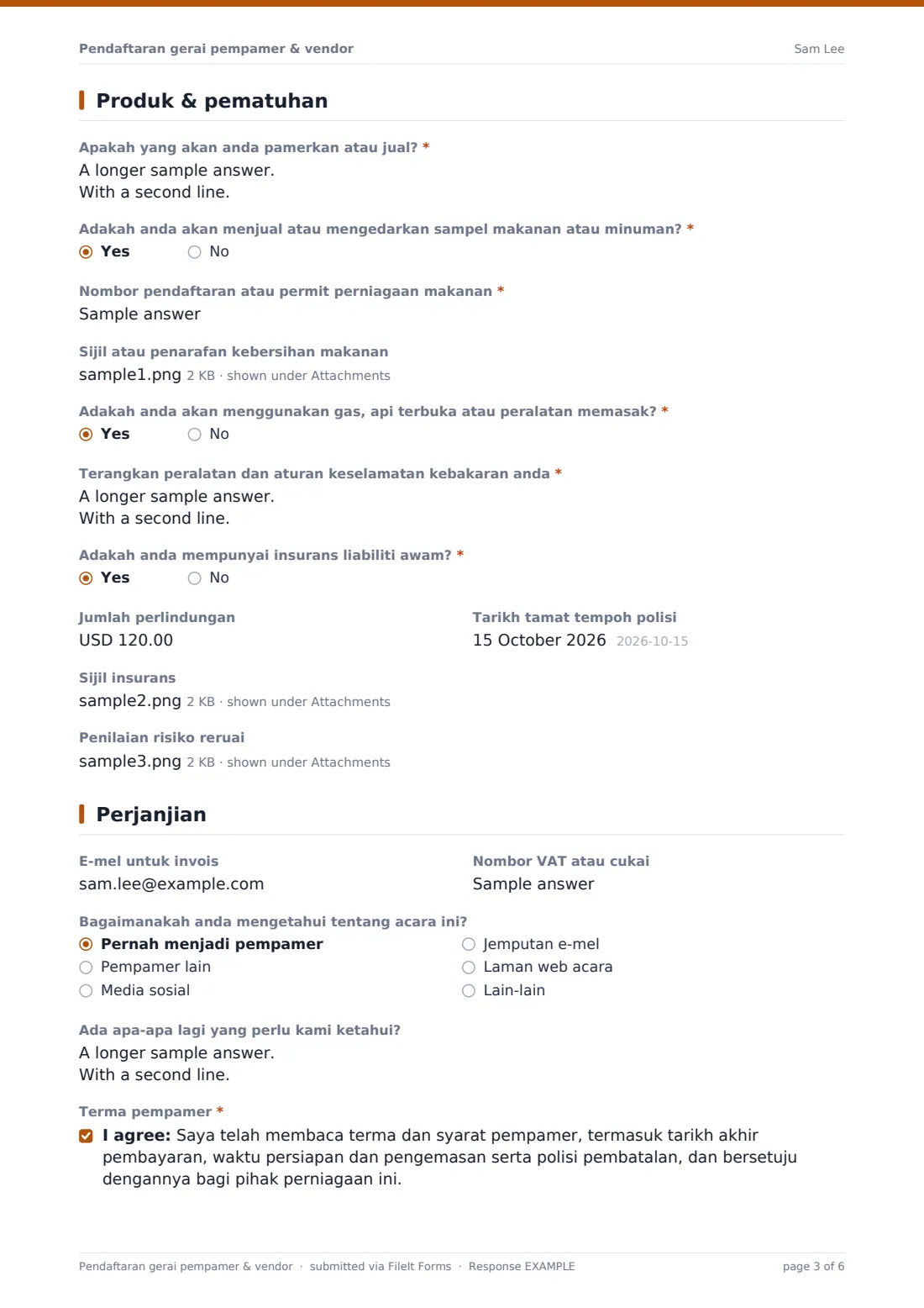 Pendaftaran gerai pempamer & vendor — PDF respons contoh, halaman 3 daripada 6