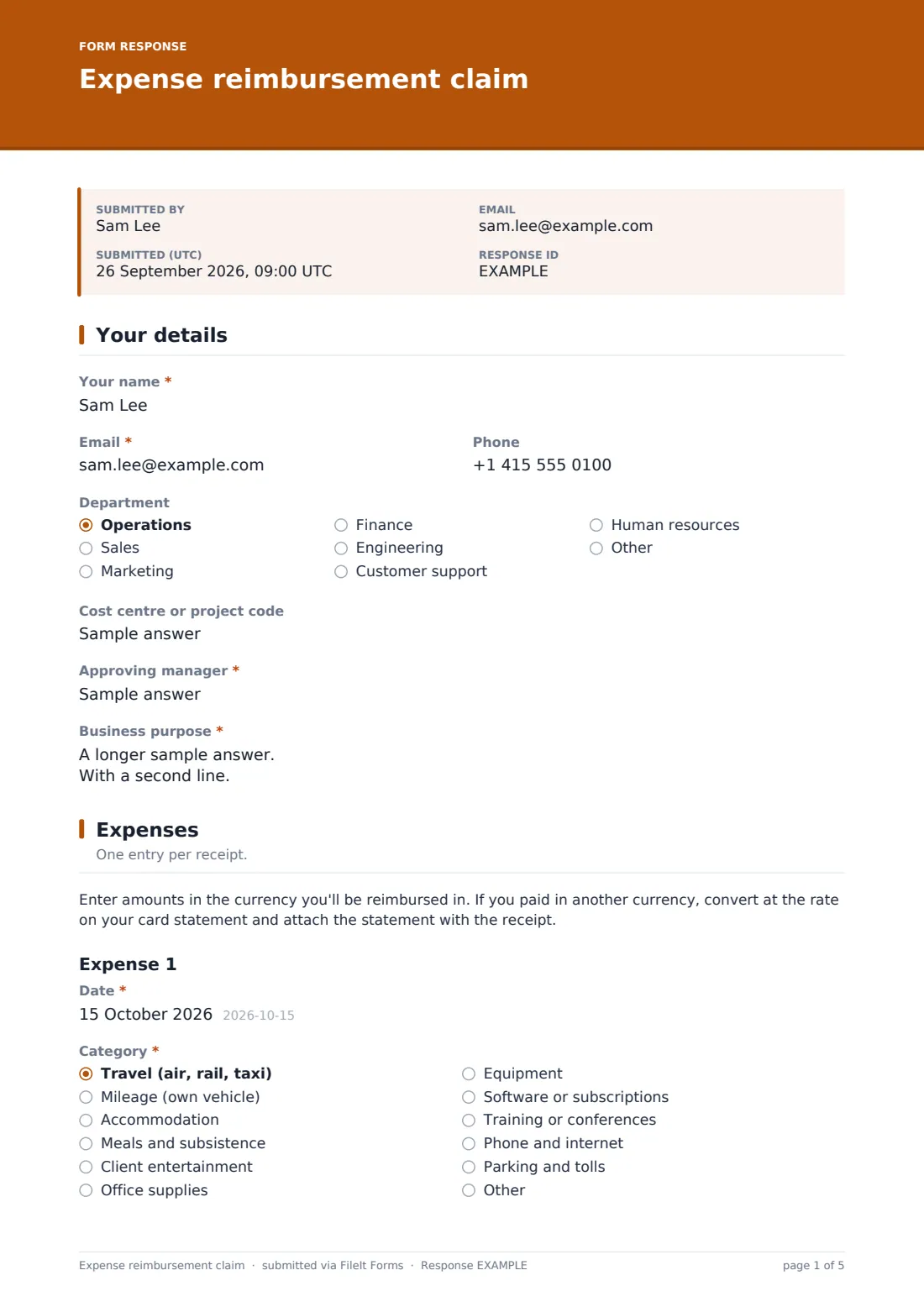 Expense reimbursement claim — example response PDF, page 1 of 5