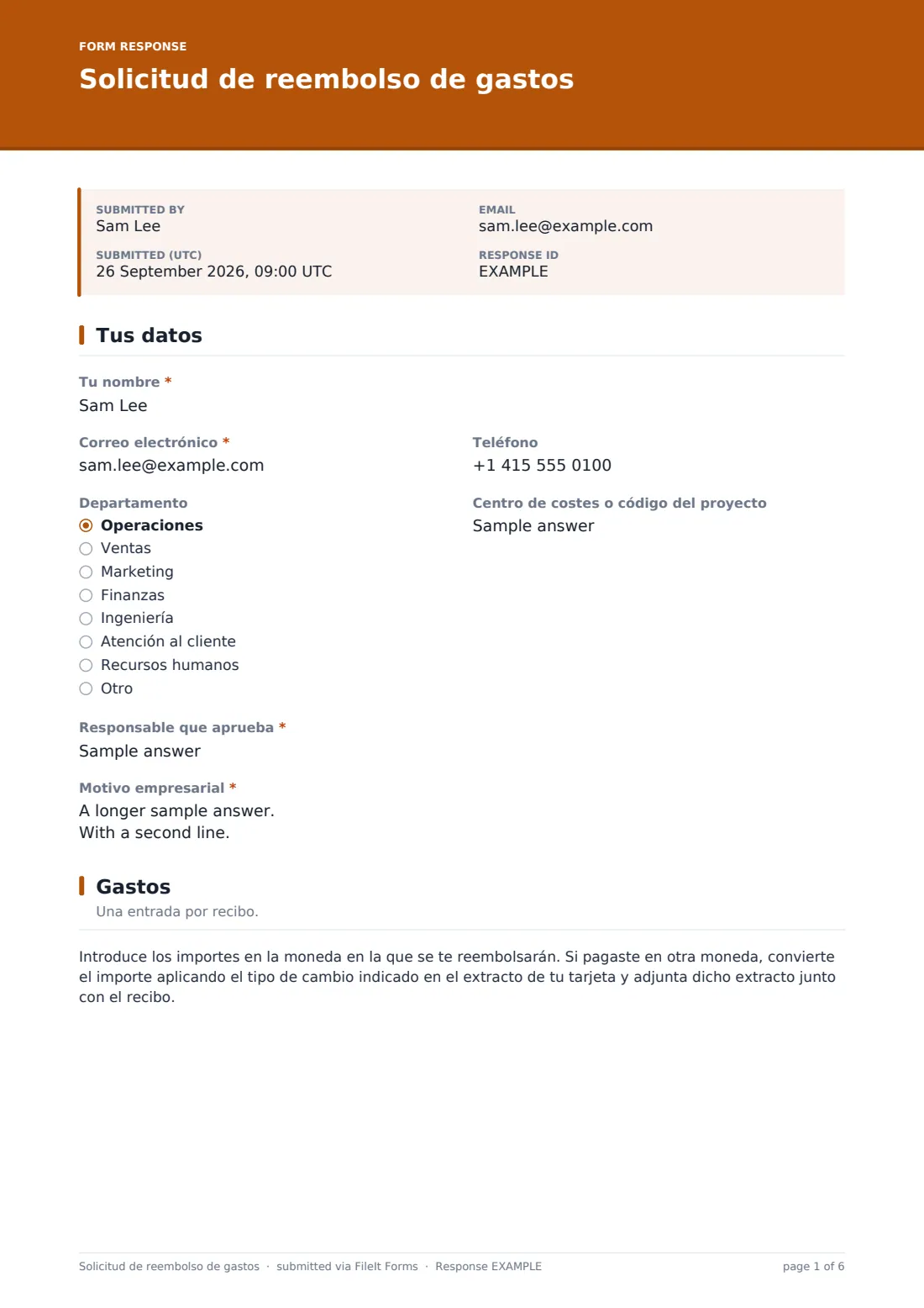 Solicitud de reembolso de gastos — PDF de respuesta de ejemplo, página 1 de 6
