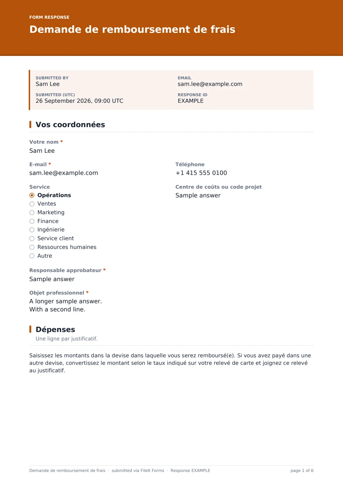 Demande de remboursement de frais — exemple de réponse au format PDF, page 1 sur 6